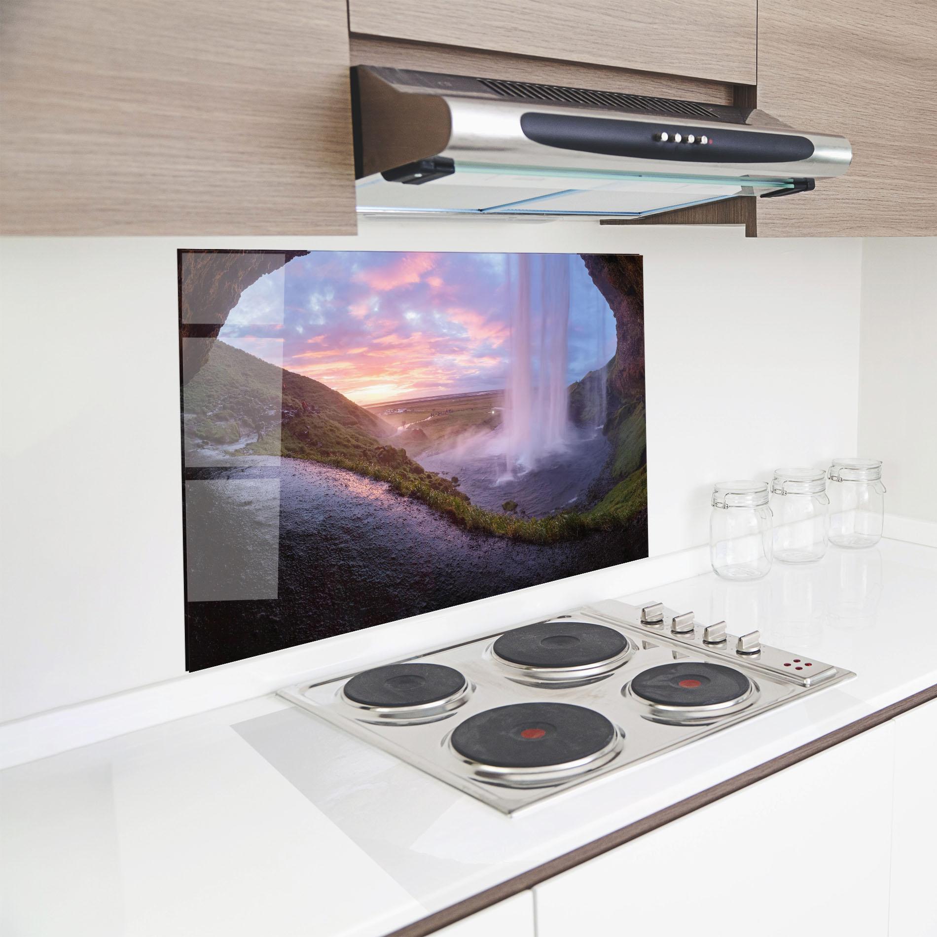 Küchenrückwand Glas Waterfall From Cave View mockup 8