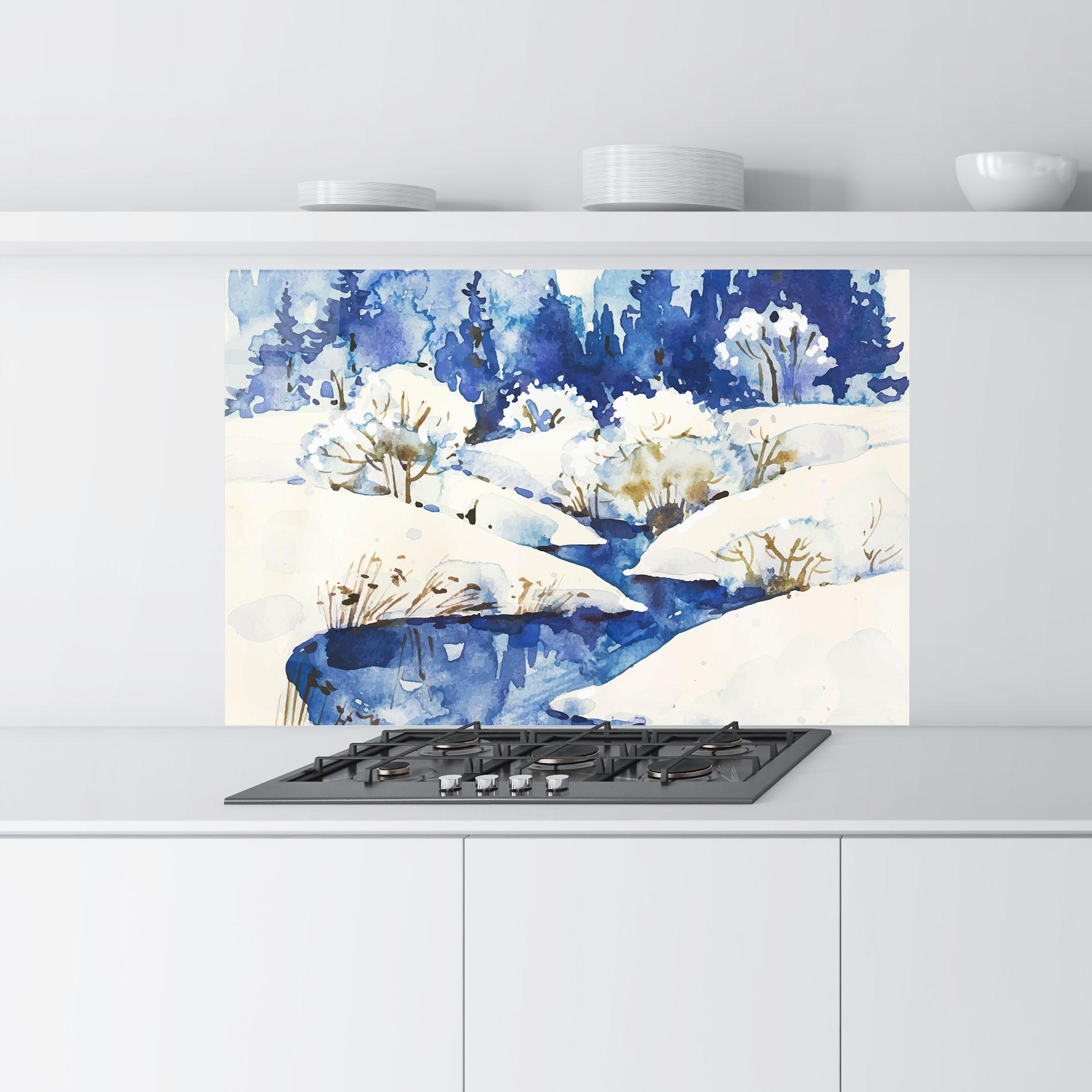 Küchenrückwand Glas Blue Trees Winter mockup 9