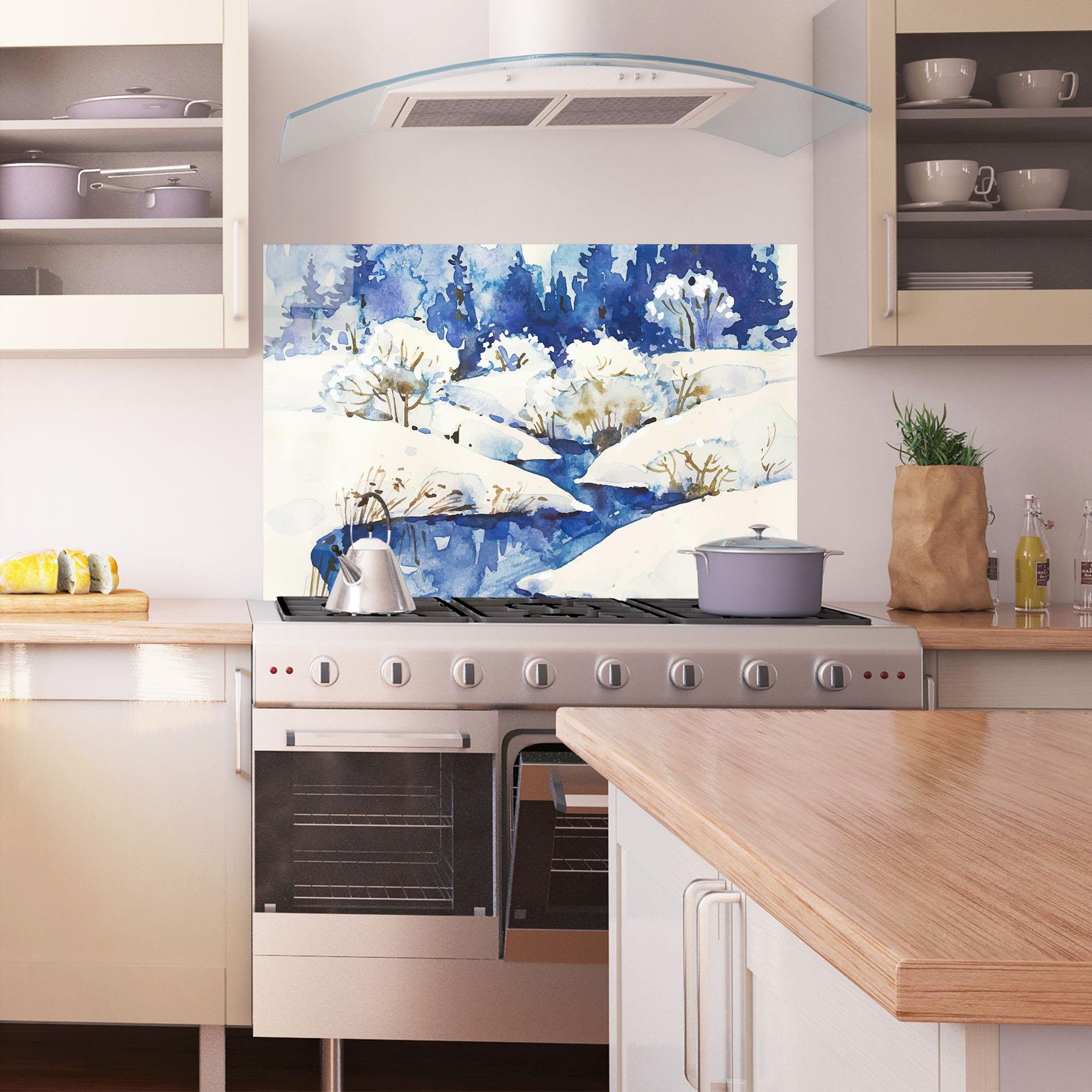 Küchenrückwand Glas Blue Trees Winter mockup 1