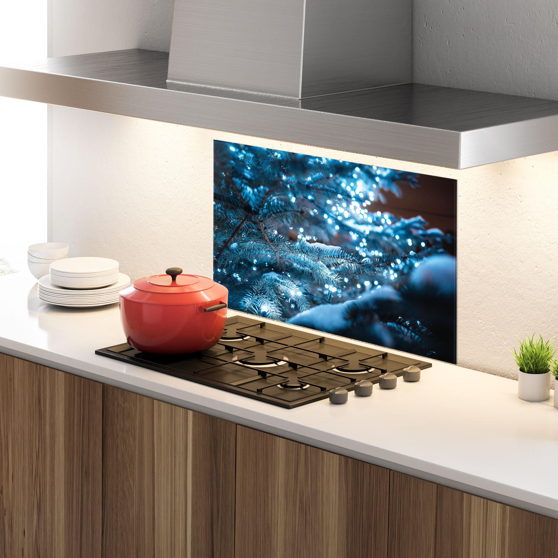 Küchenrückwand Glas Blue Christmas Tree mockup 4