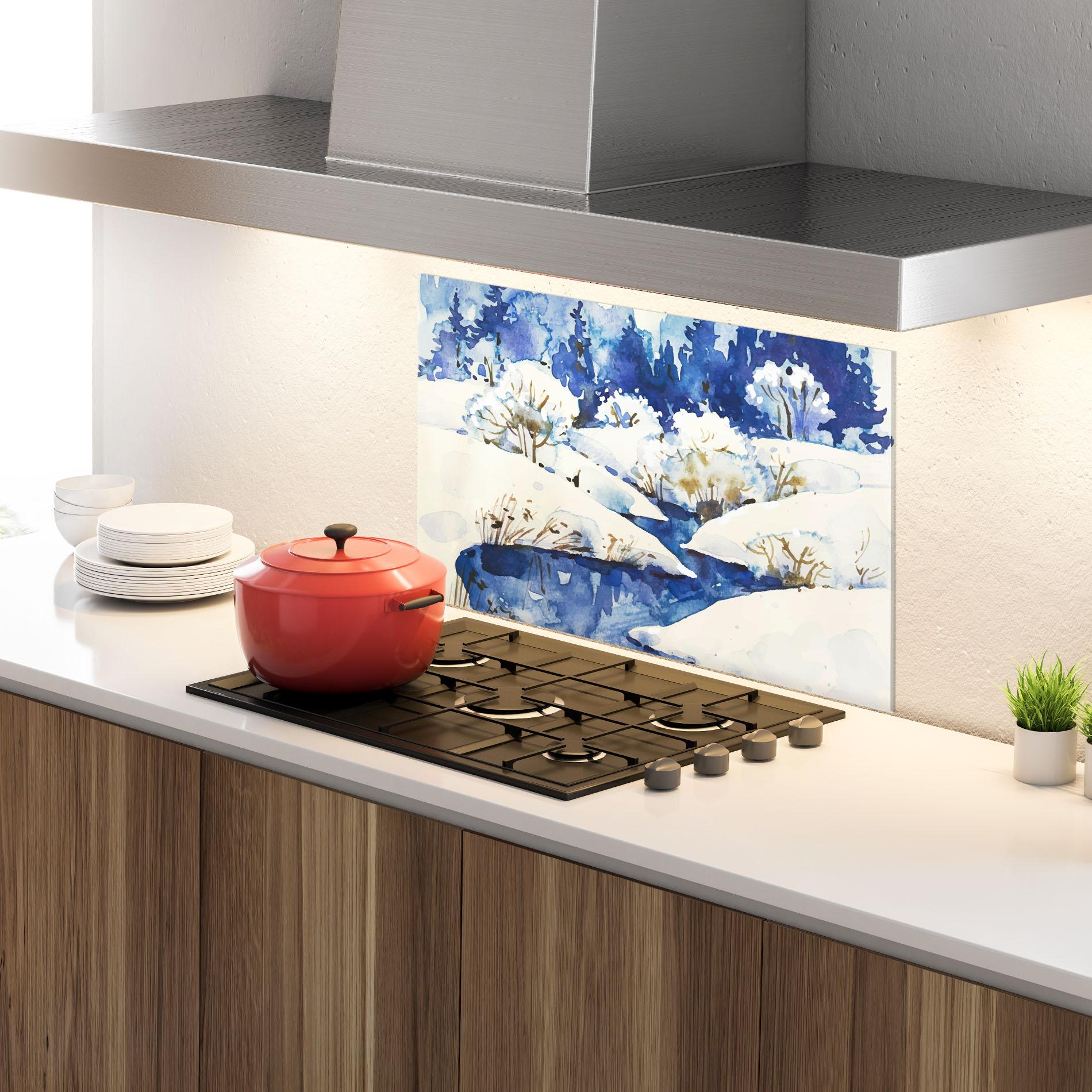 Küchenrückwand Glas Blue Trees Winter mockup 4