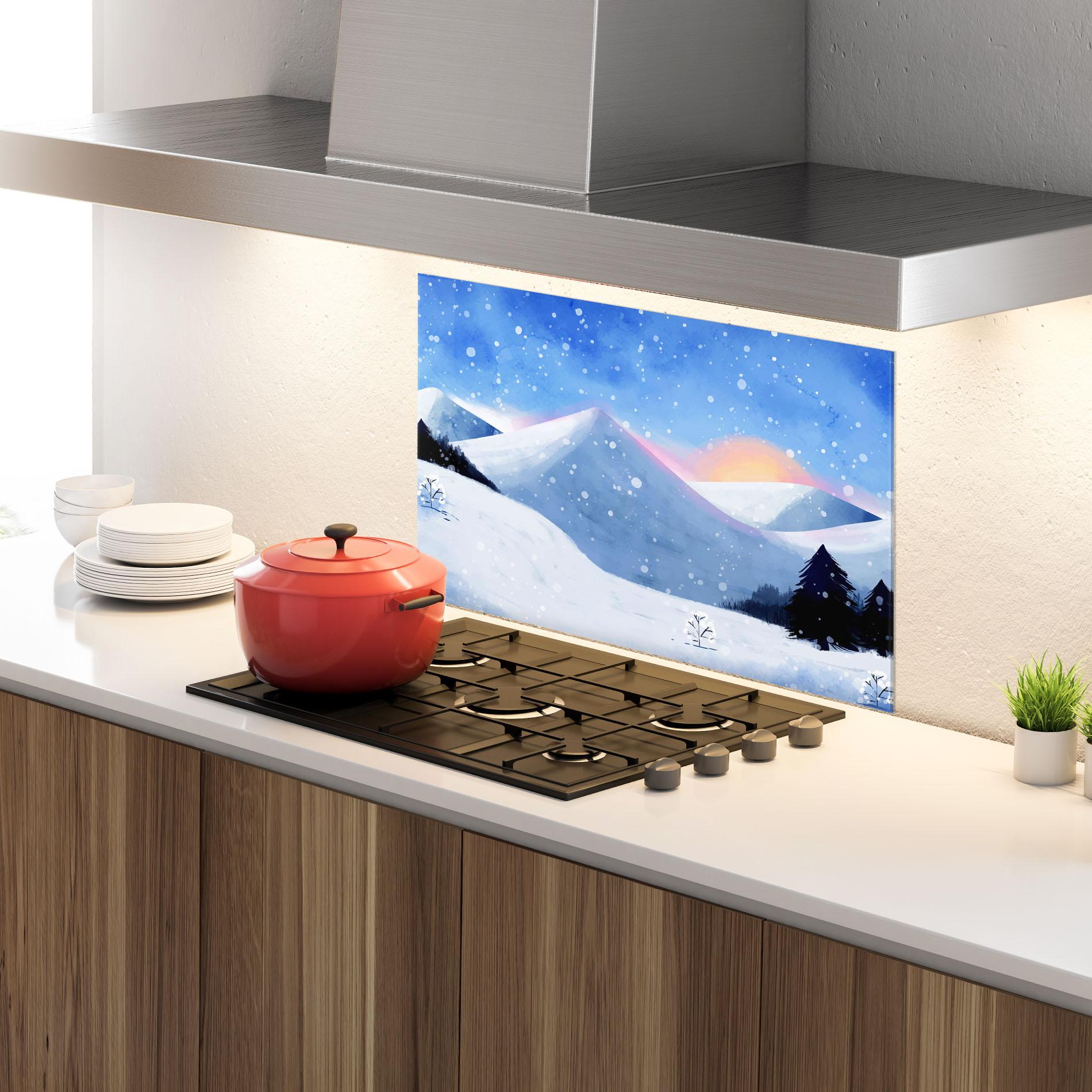 Küchenrückwand Glas Mountain Snow Art mockup 4