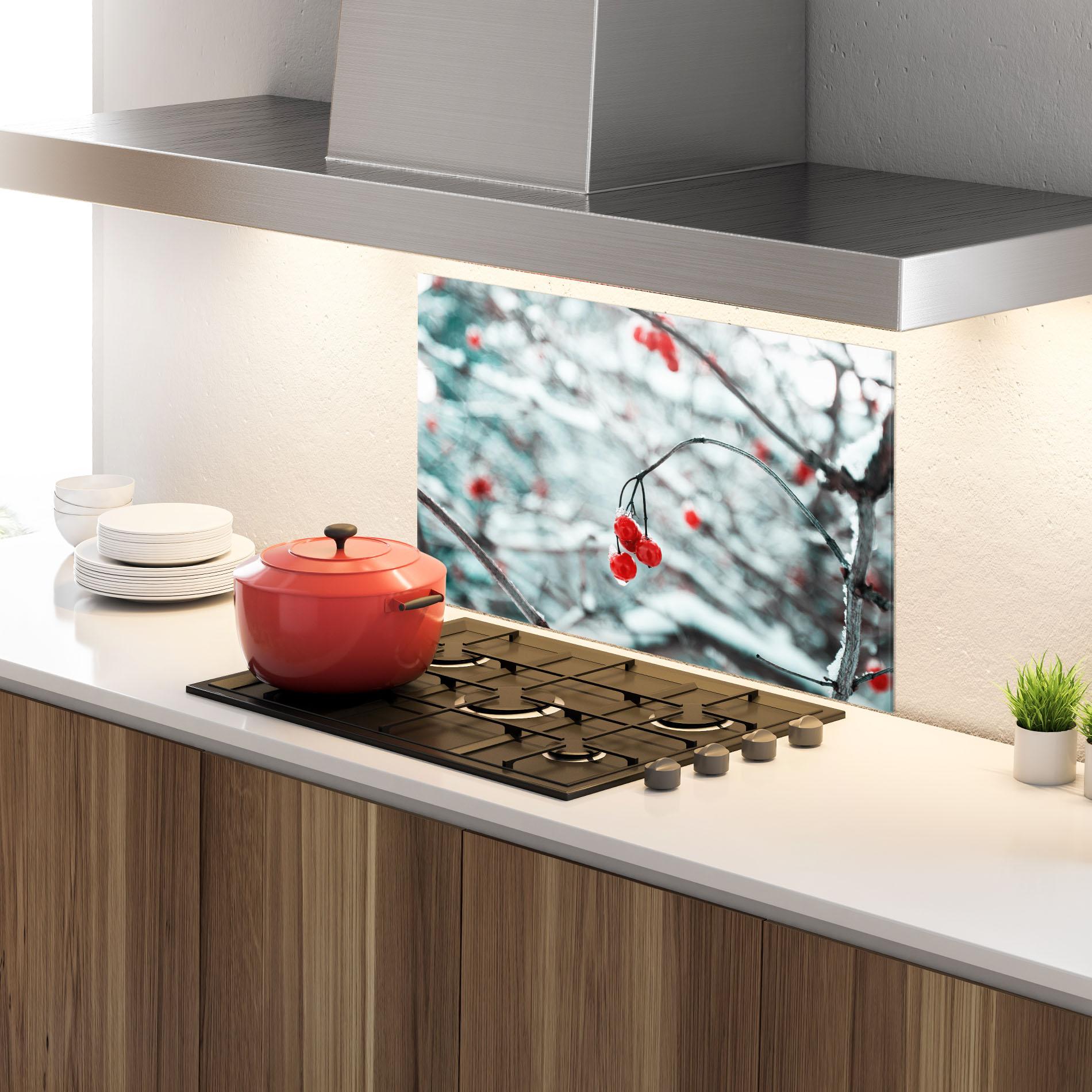 Küchenrückwand Glas Snow Red Fruits mockup 4
