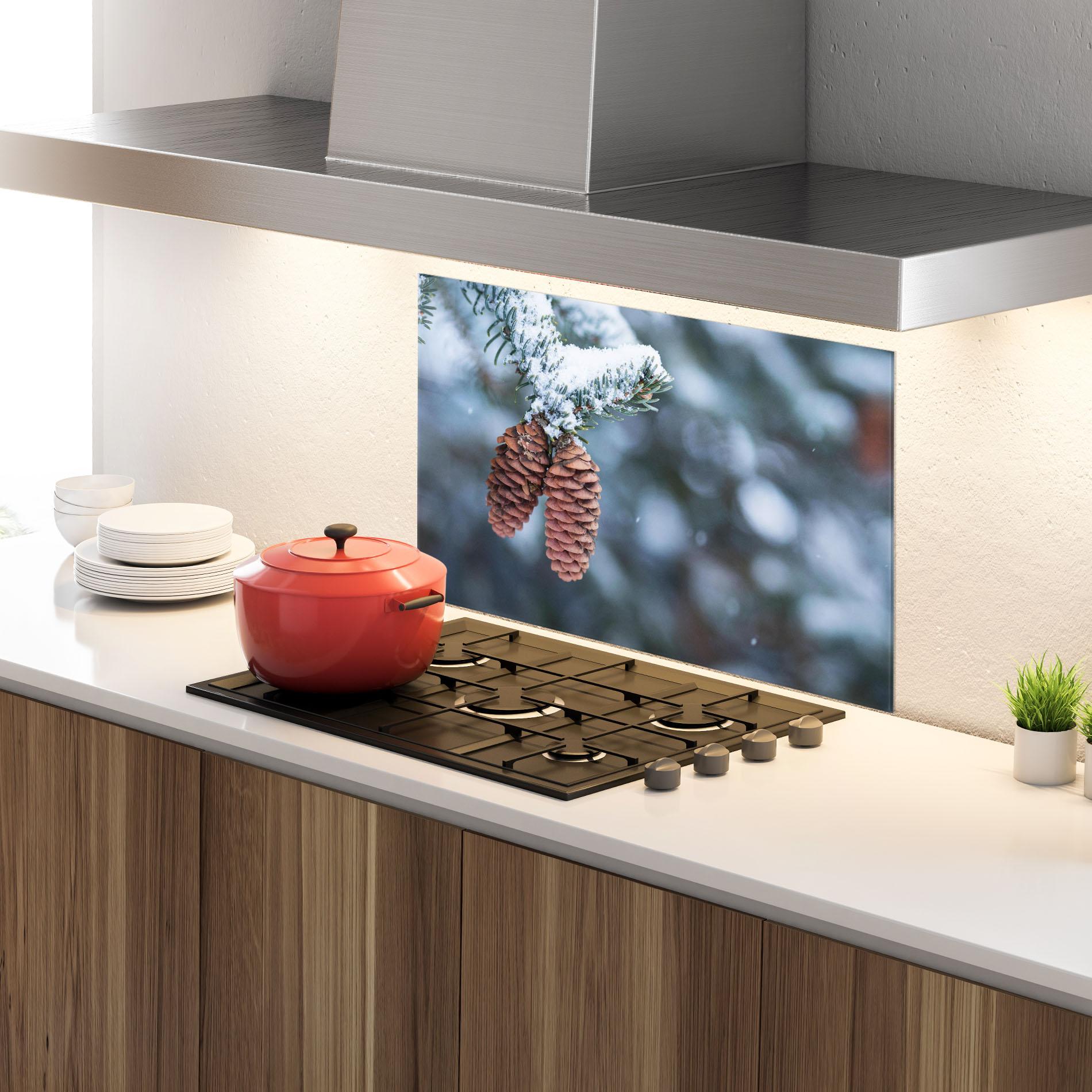 Küchenrückwand Glas Winter Cones mockup 4