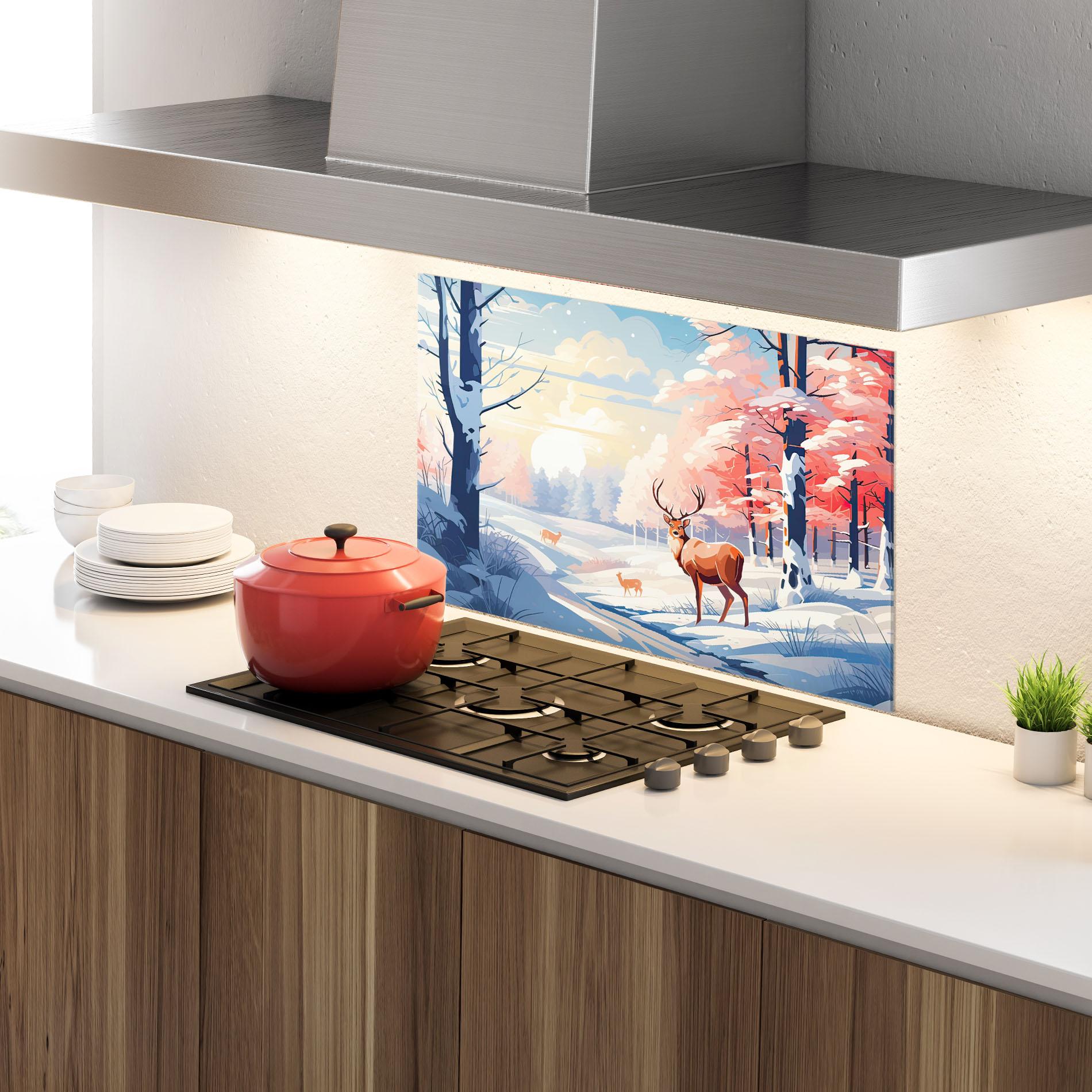 Küchenrückwand Glas Winter Deer Art mockup 4