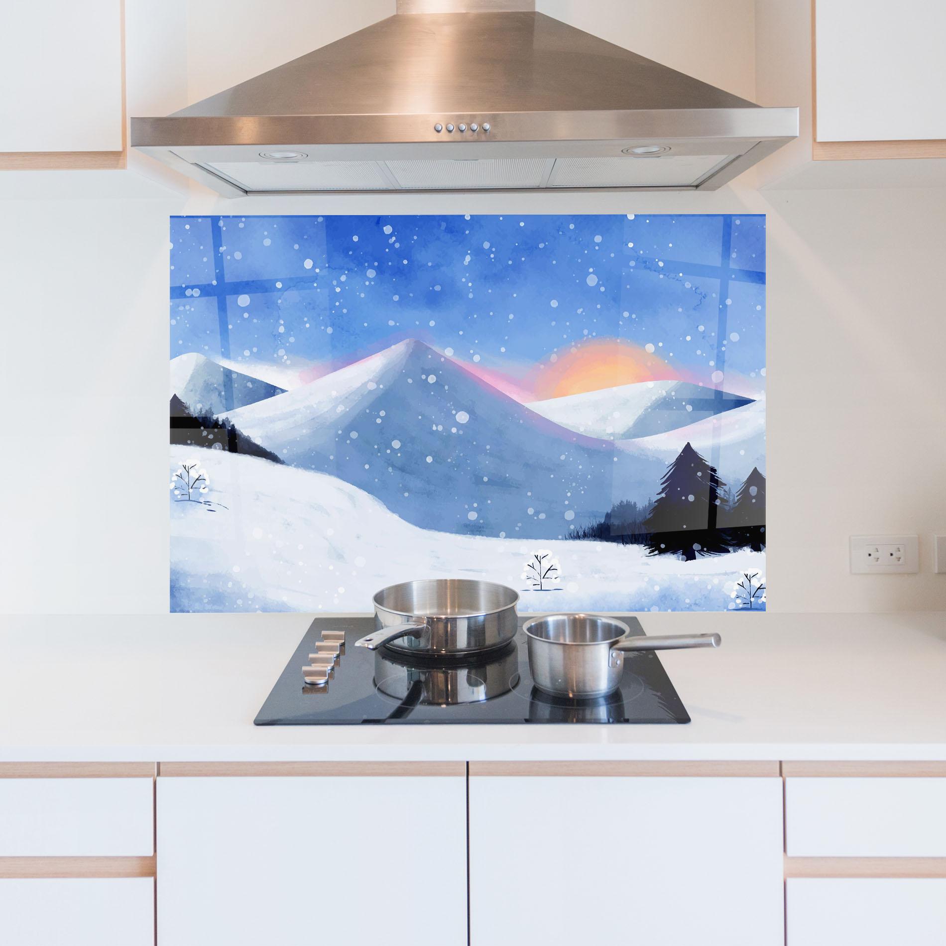 Küchenrückwand Glas Mountain Snow Art mockup 5