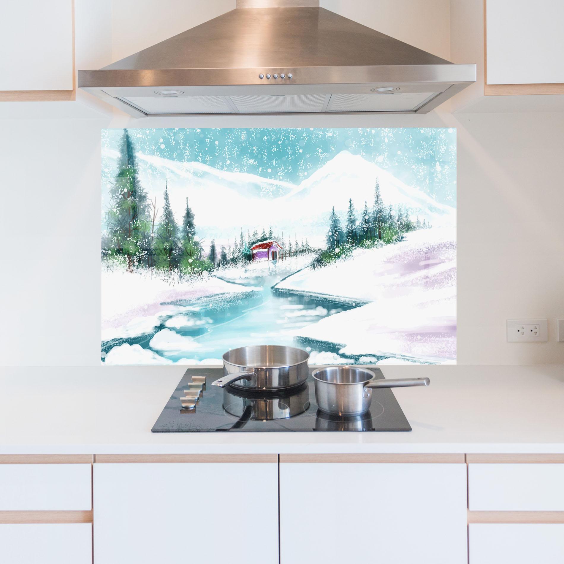 Küchenrückwand Glas Purple House Winter mockup 5