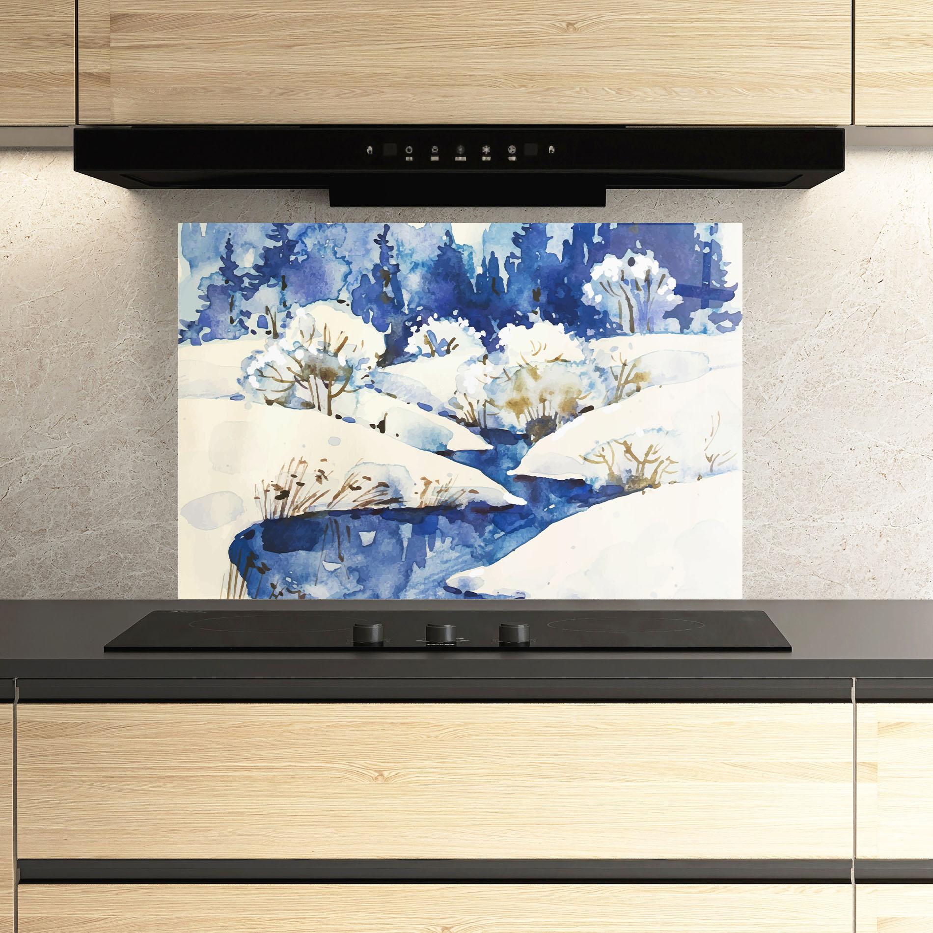 Küchenrückwand Glas Blue Trees Winter mockup 3