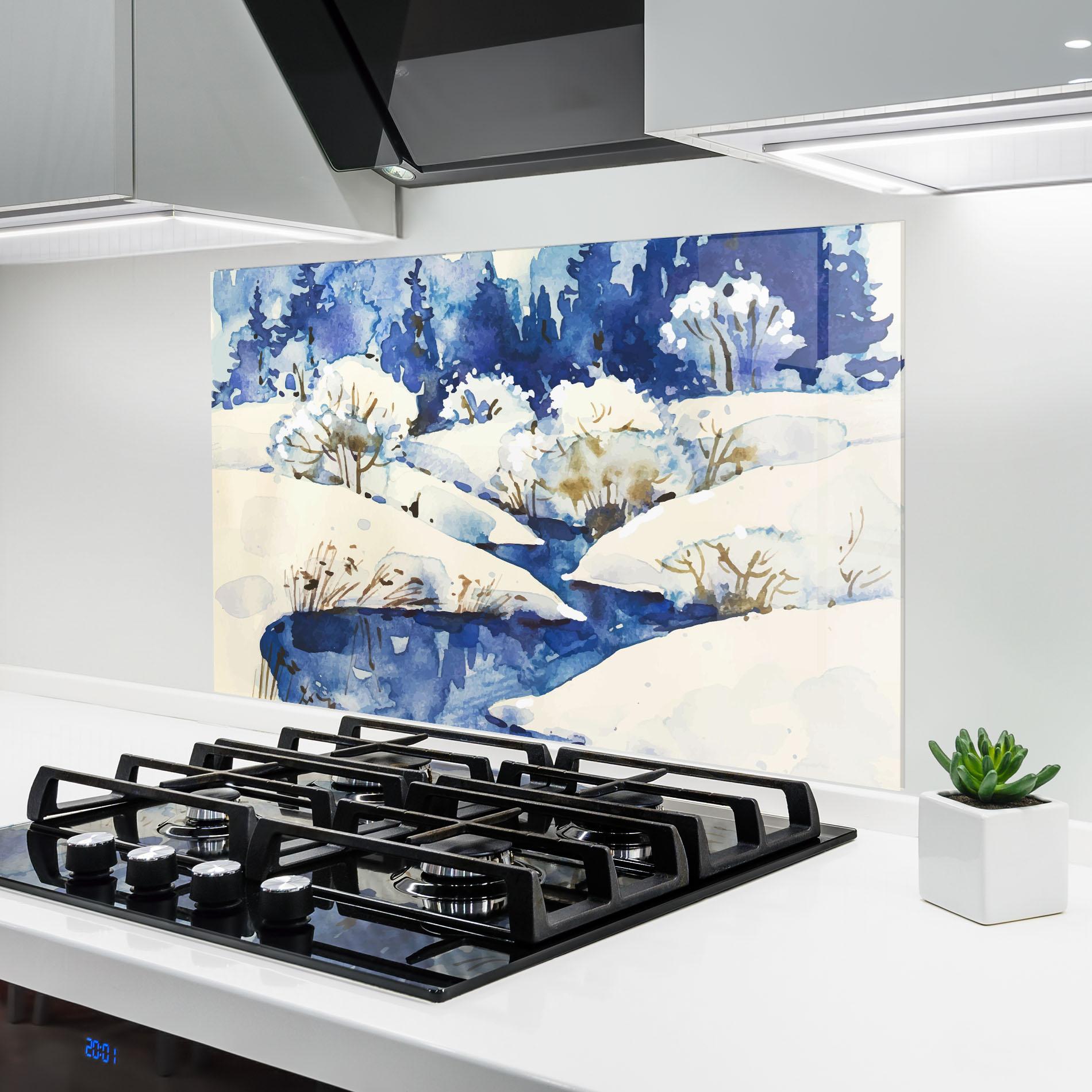 Küchenrückwand Glas Blue Trees Winter mockup 6