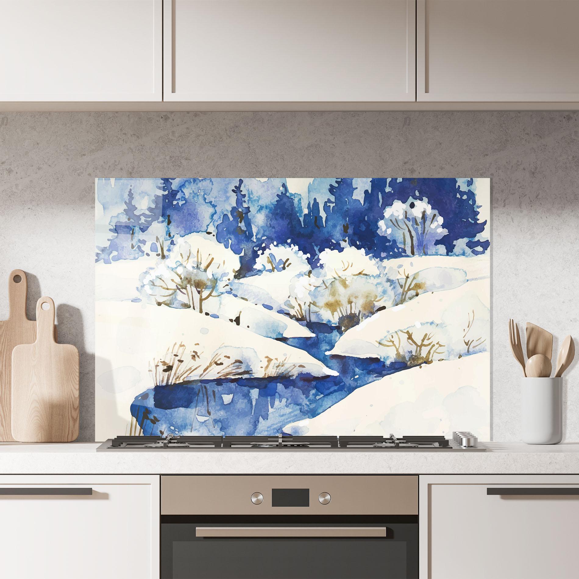 Küchenrückwand Glas Blue Trees Winter mockup 7