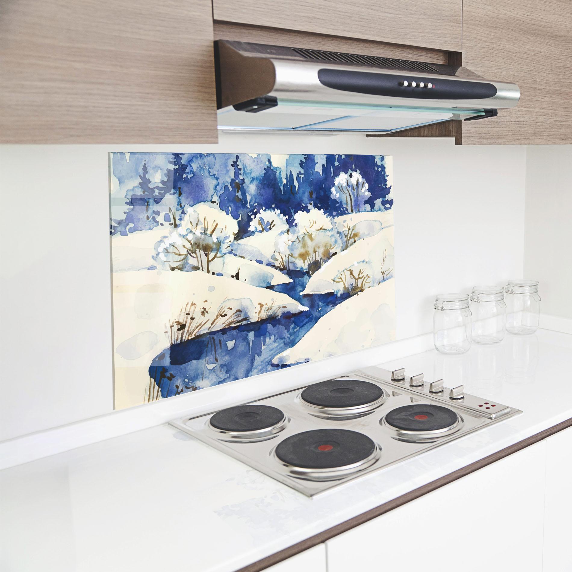 Küchenrückwand Glas Blue Trees Winter mockup 8