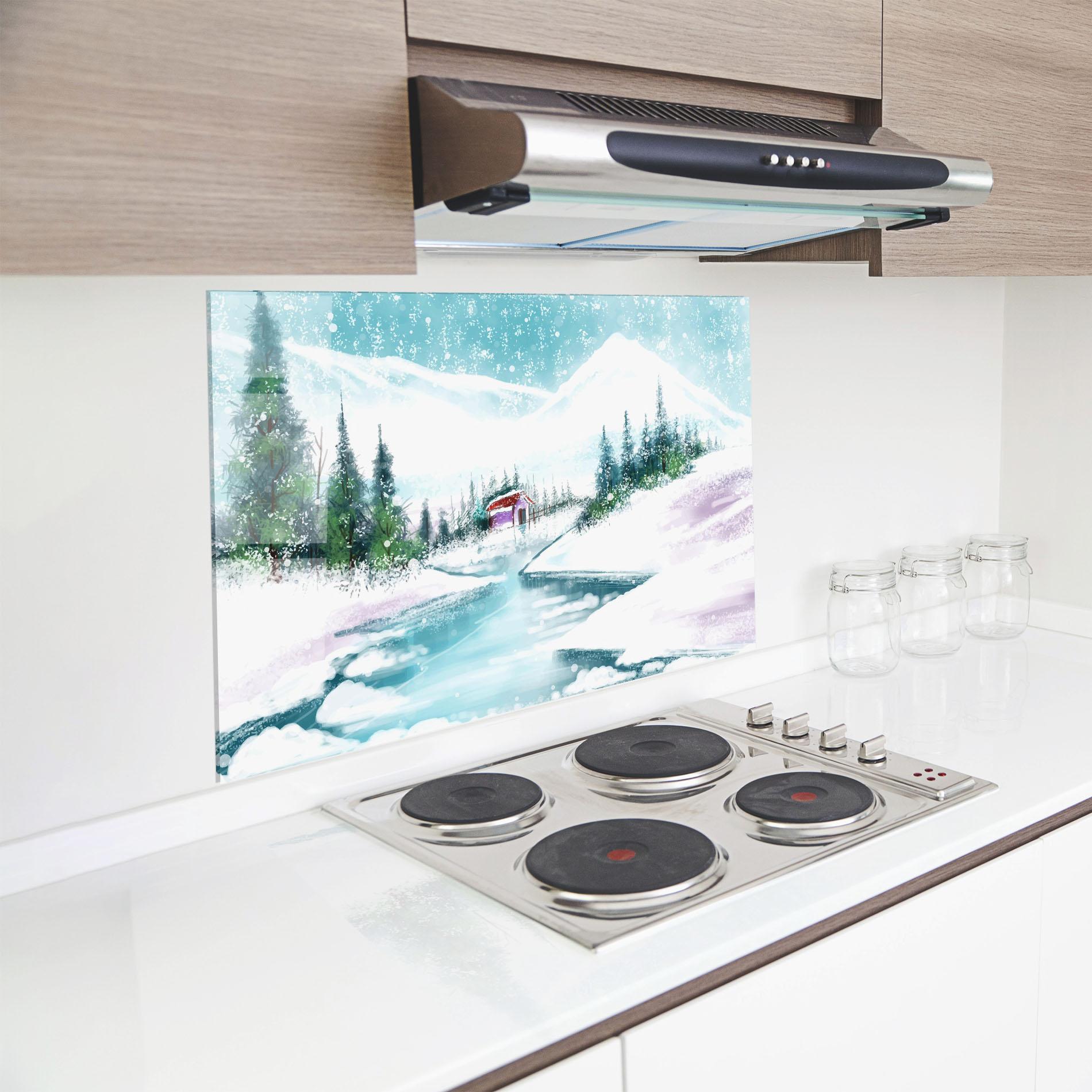 Küchenrückwand Glas Purple House Winter mockup 8