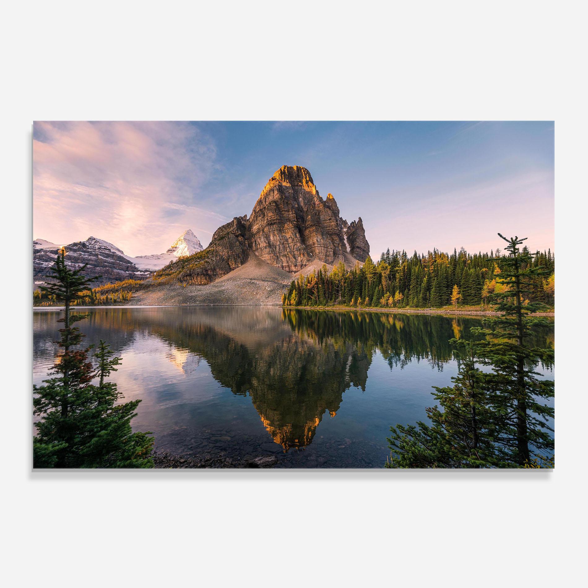 Küchenrückwand Glas Mountain Sunrise Lake mockup 0