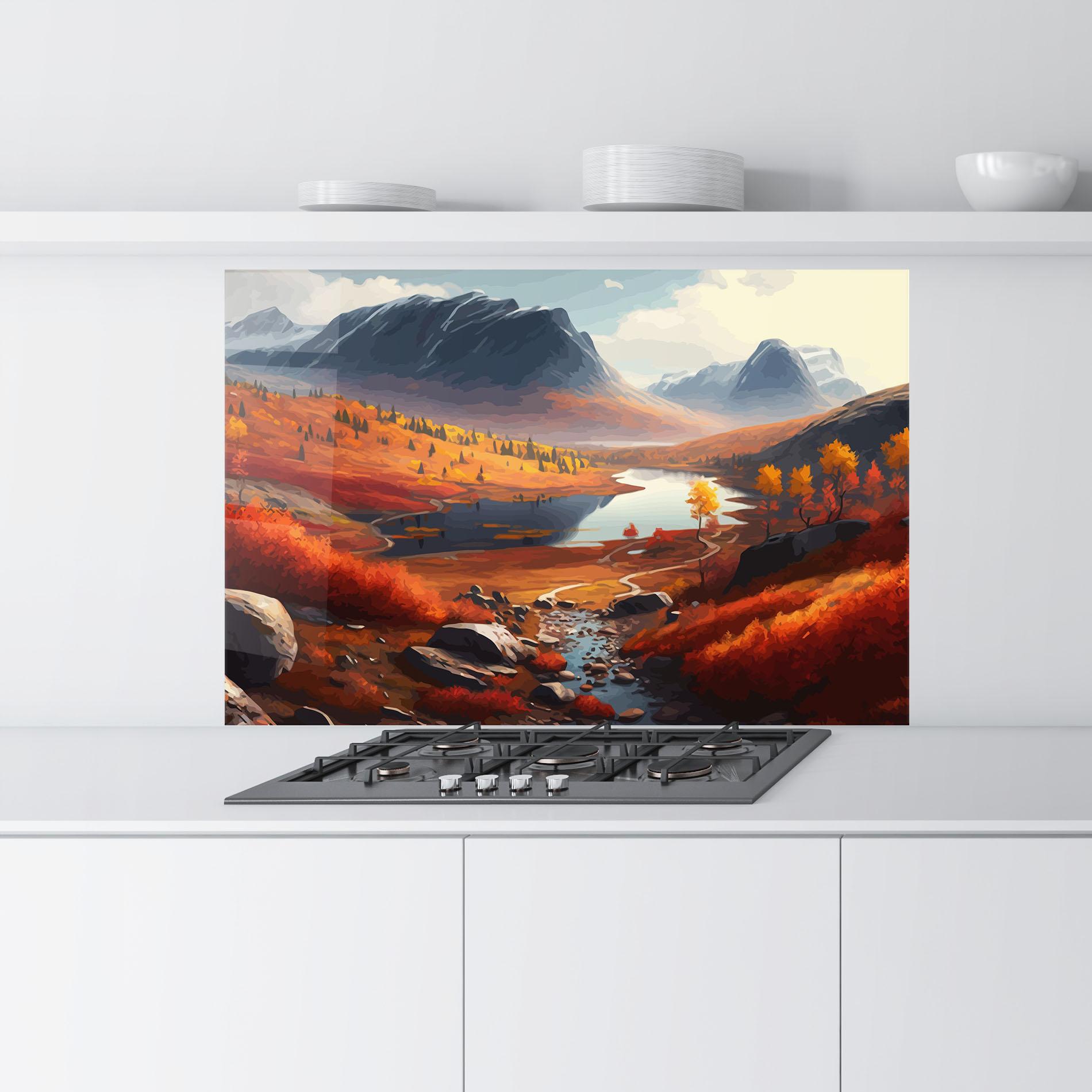 Küchenrückwand Glas Autumn Field Lake mockup 9