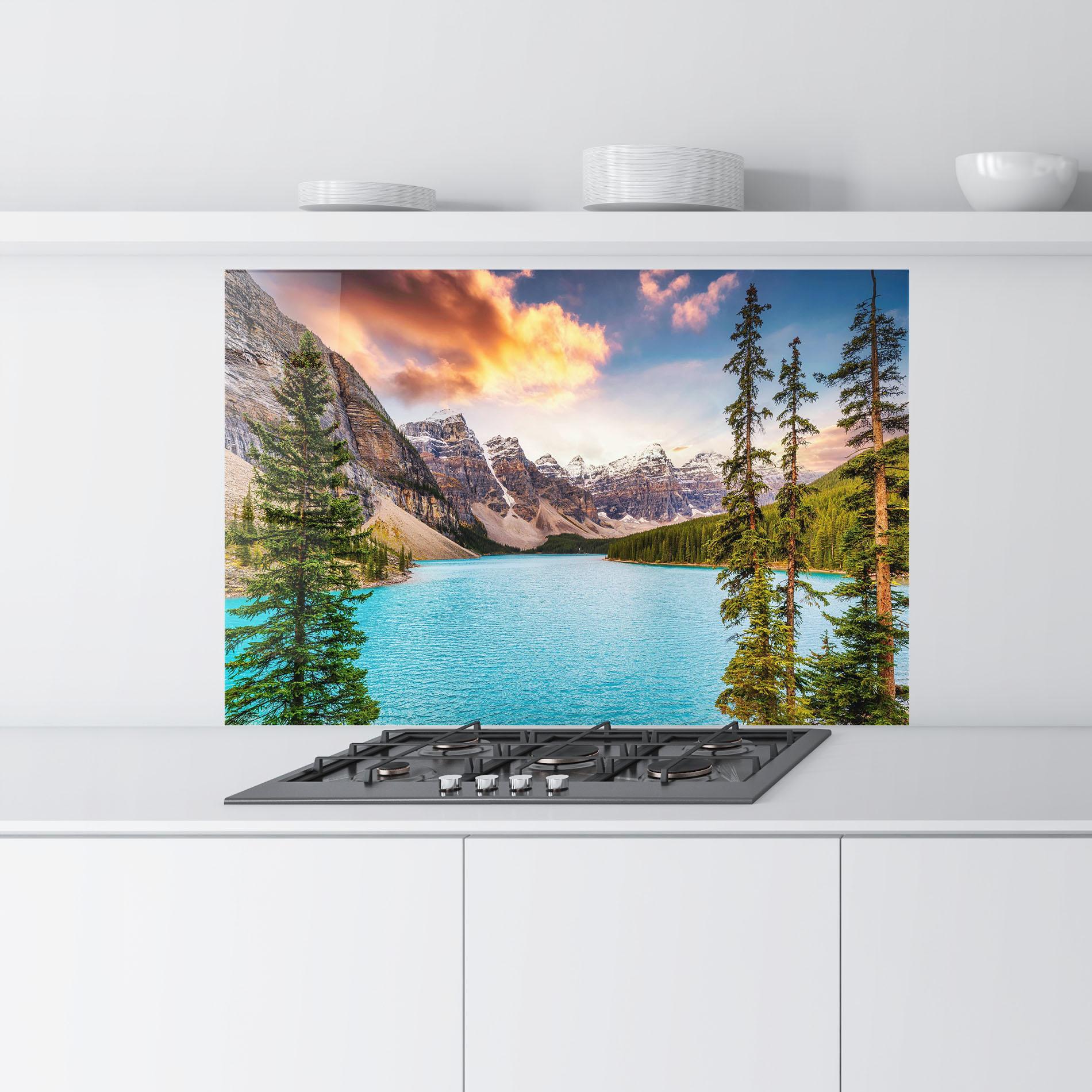 Küchenrückwand Glas Blue Magic Lake mockup 9