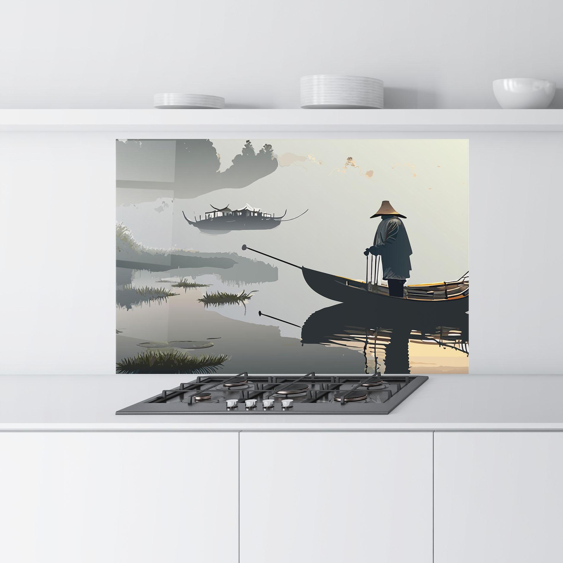 Küchenrückwand Glas Grey Lake Man mockup 9
