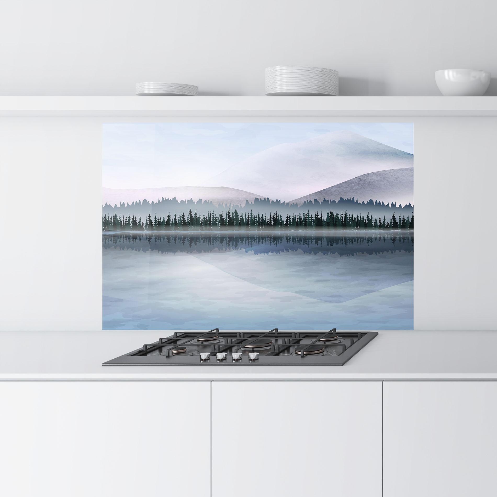 Küchenrückwand Glas Grey Lake Trees mockup 9