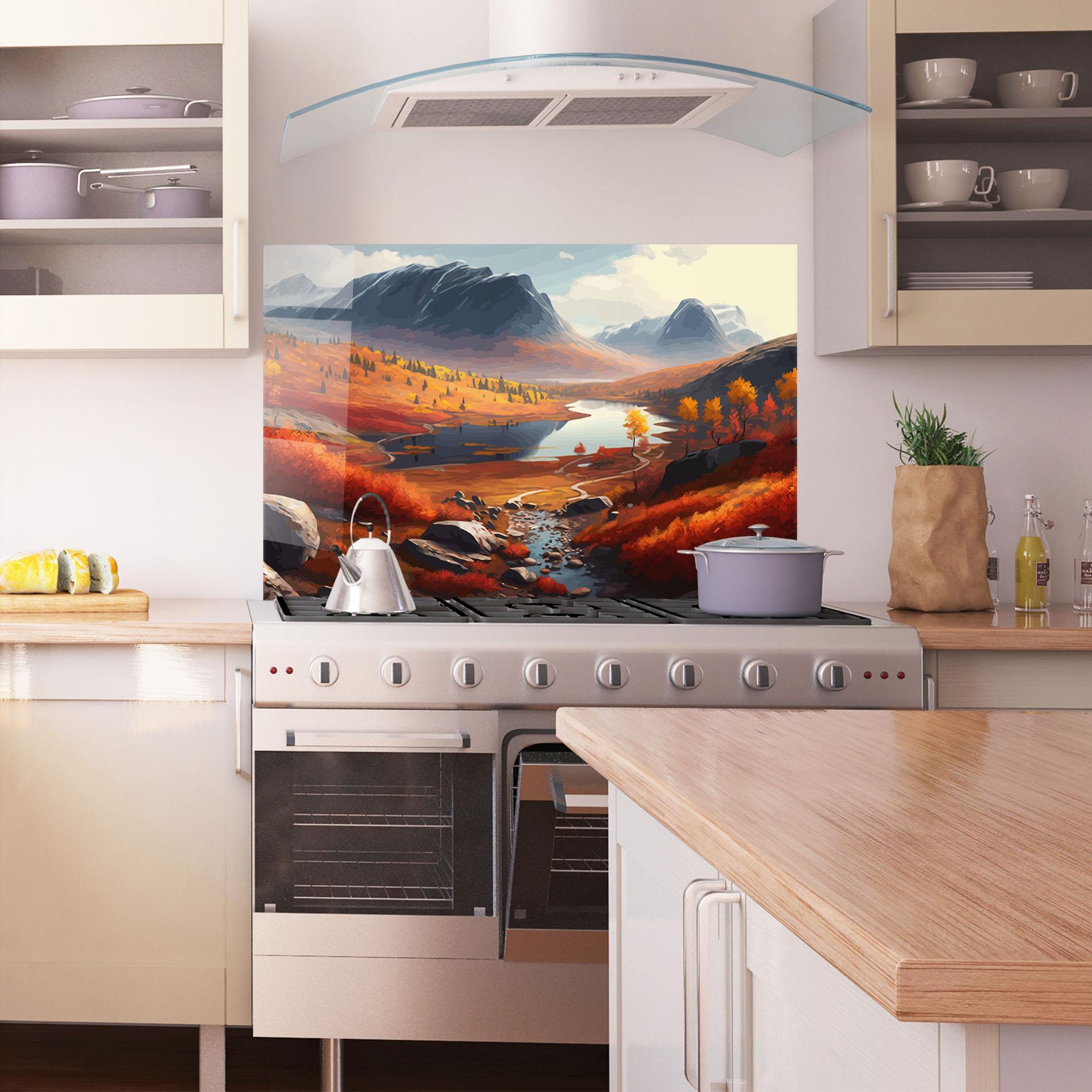 Küchenrückwand Glas Autumn Field Lake mockup 1