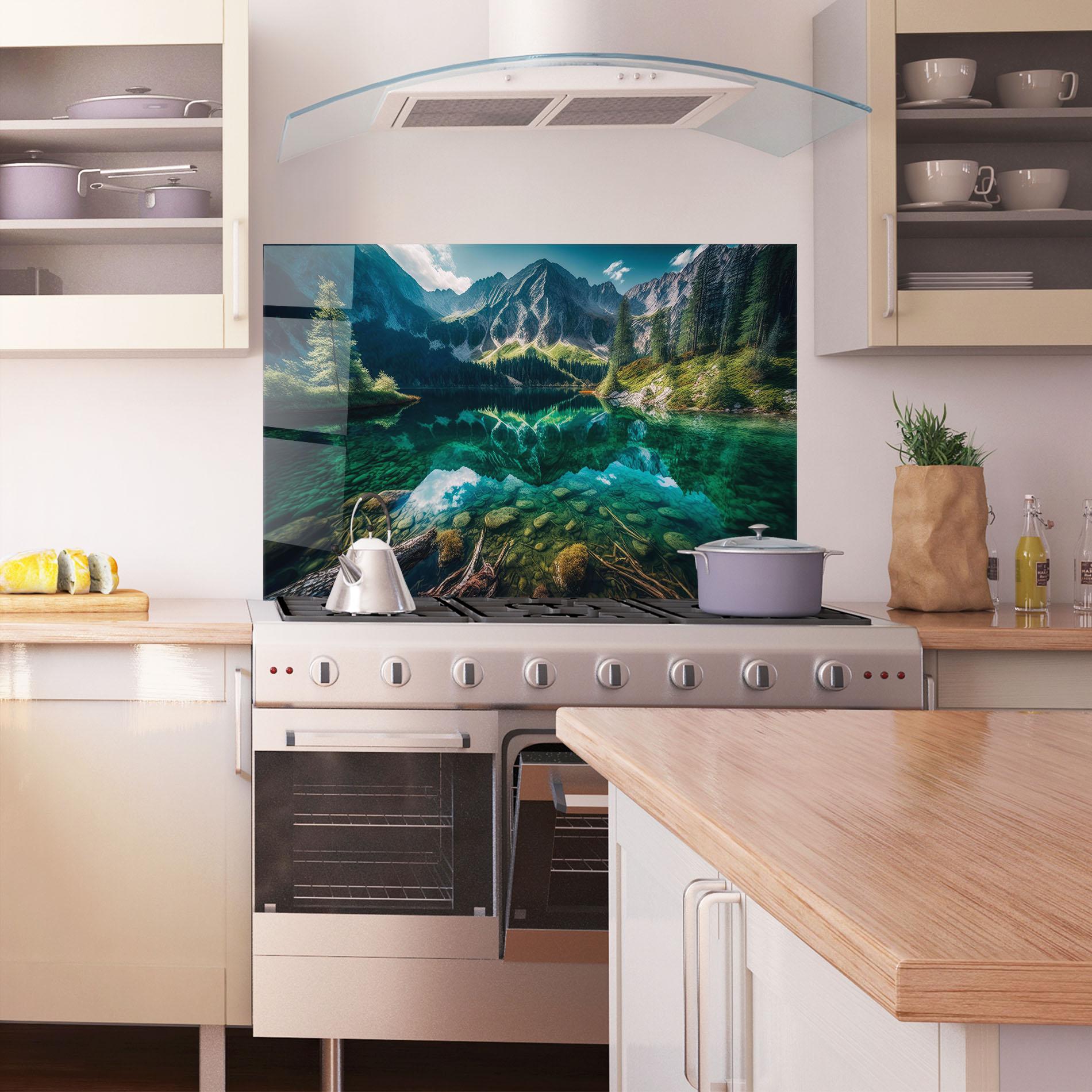 Küchenrückwand Glas Beautiful Lake Mountain mockup 1