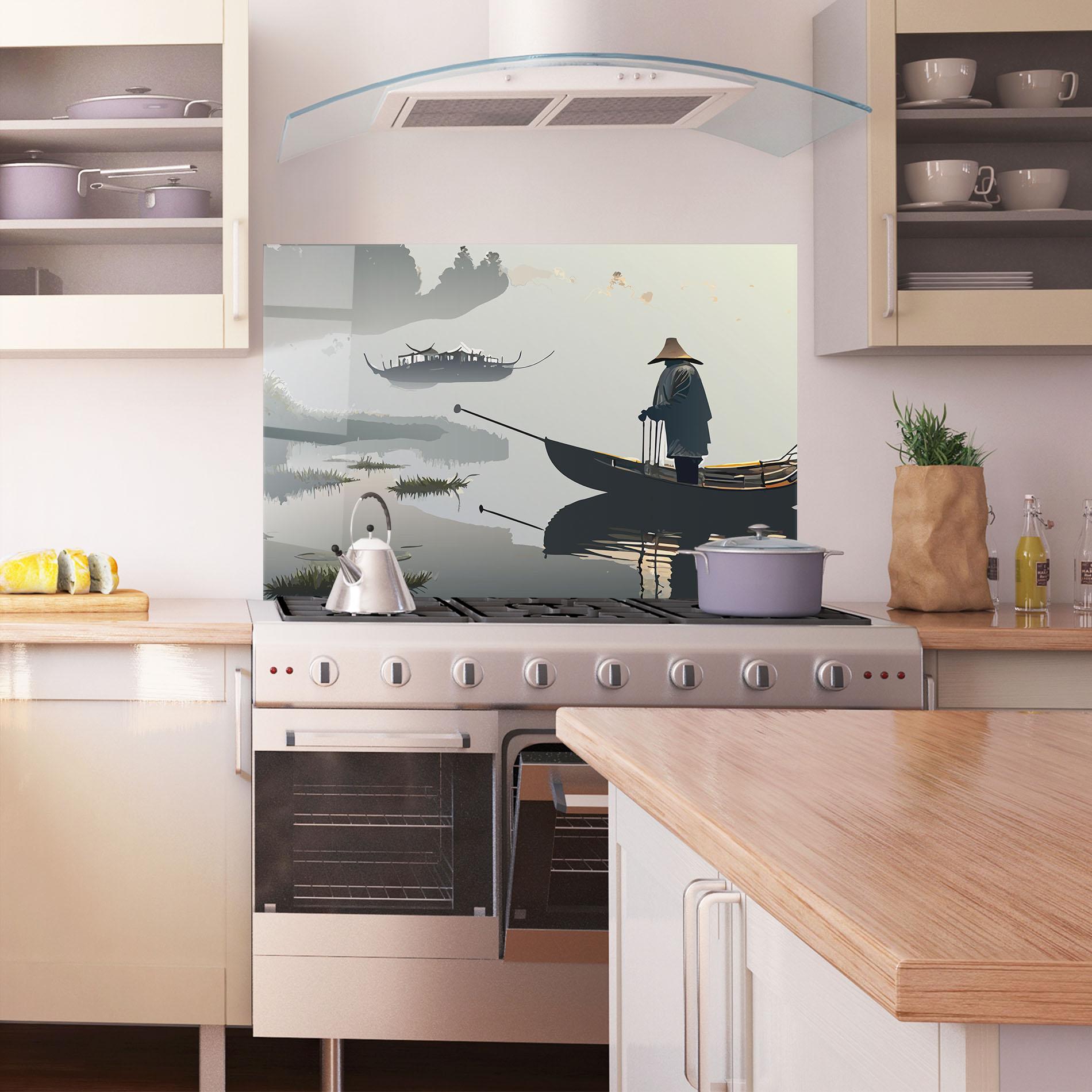Küchenrückwand Glas Grey Lake Man mockup 1