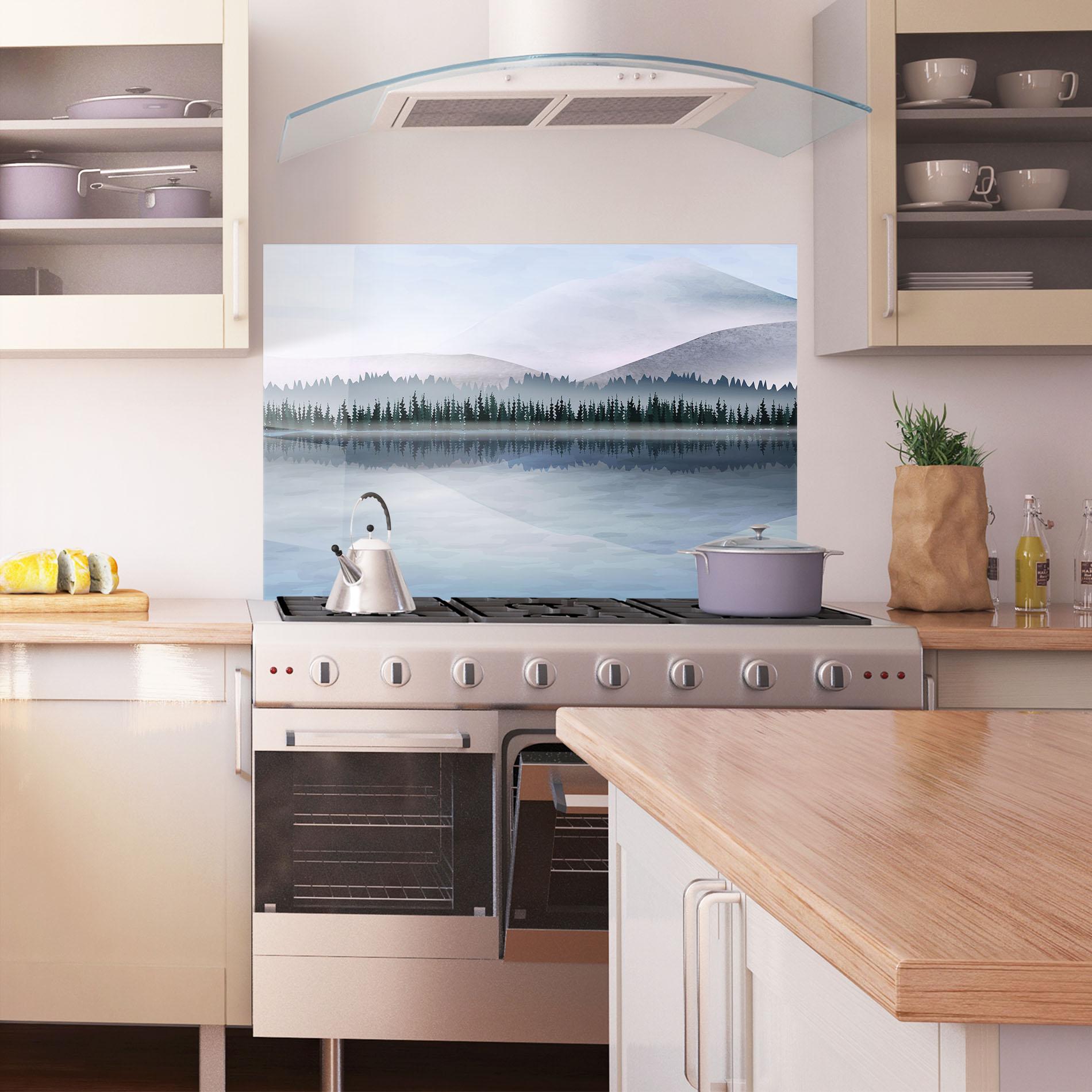 Küchenrückwand Glas Grey Lake Trees mockup 1