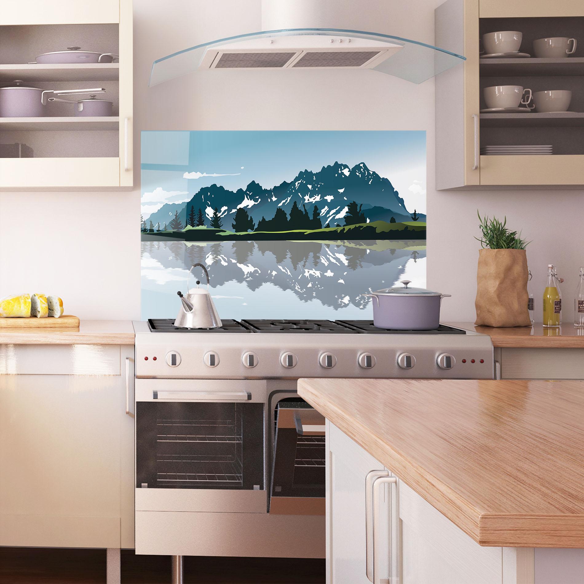 Küchenrückwand Glas Lake Blue Mountain mockup 1