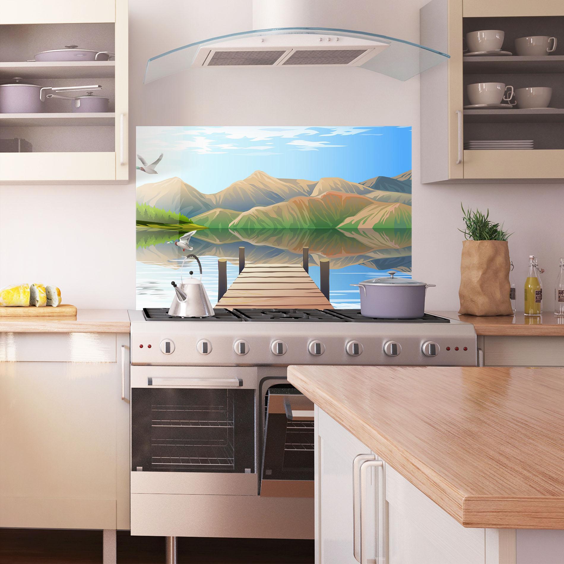 Küchenrückwand Glas Morning Lake mockup 1