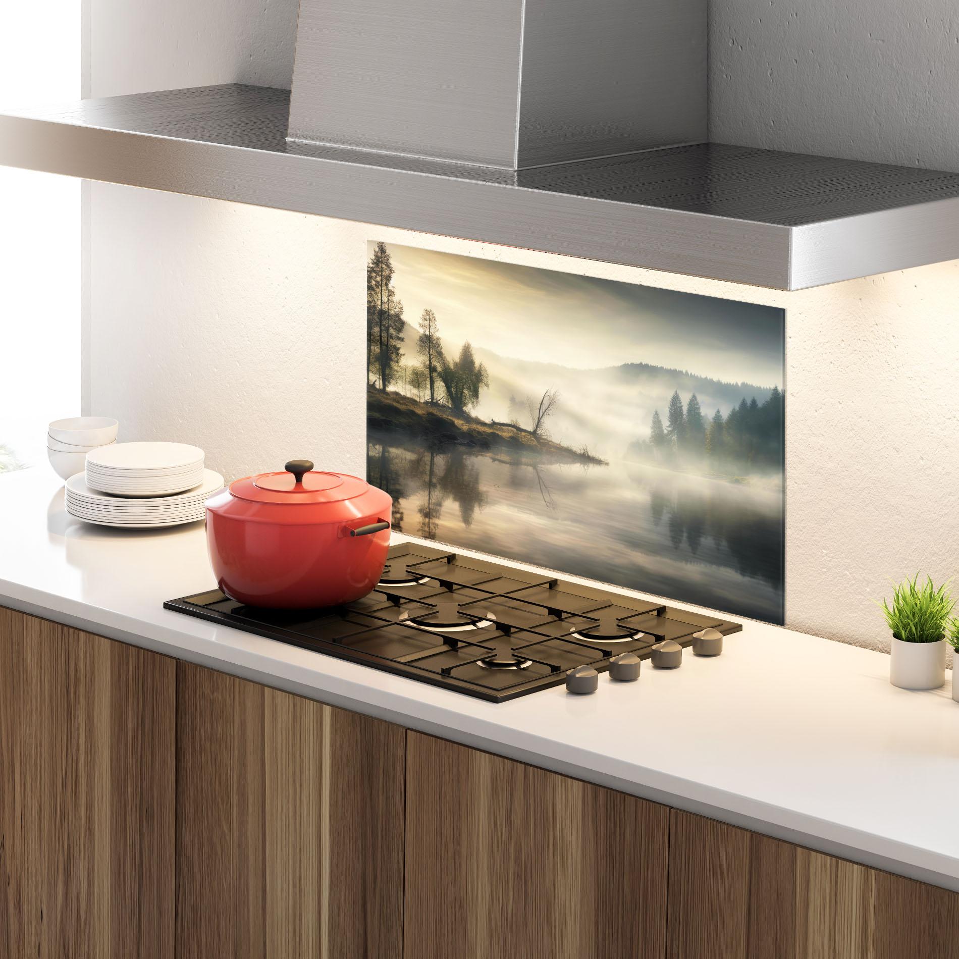 Küchenrückwand Glas Foggy Morning mockup 4