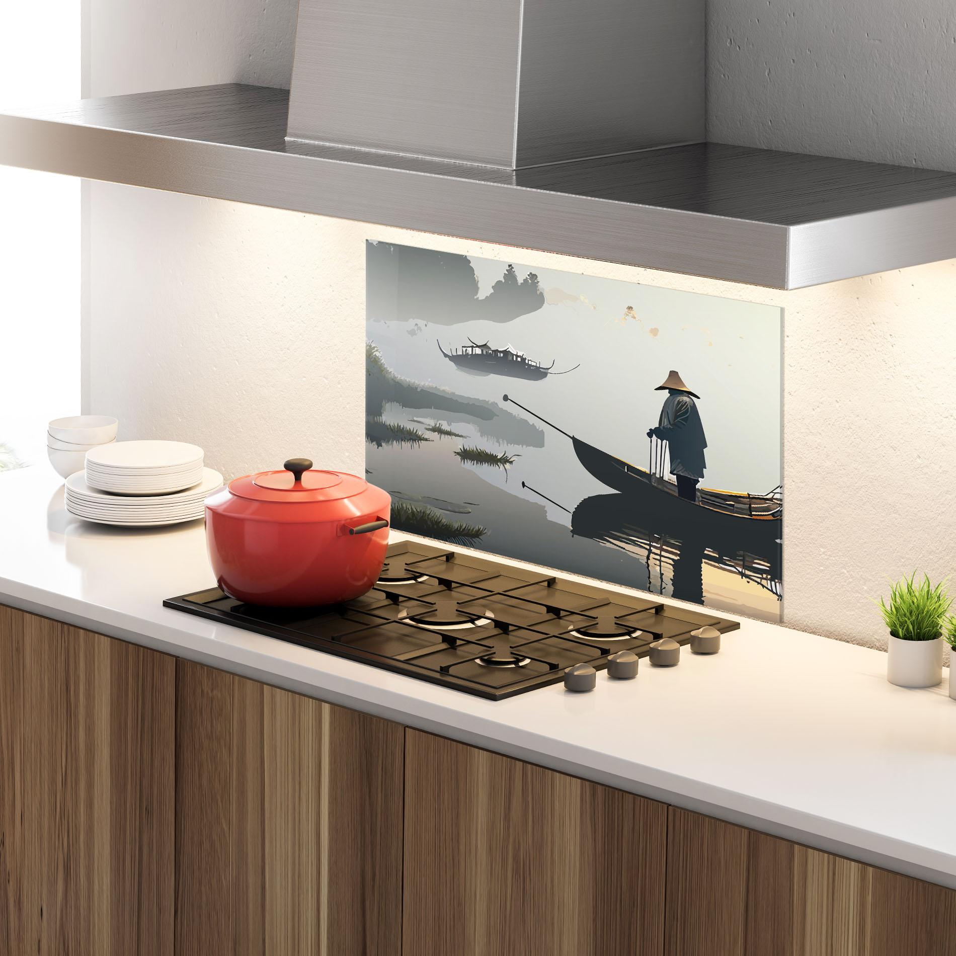 Küchenrückwand Glas Grey Lake Man mockup 4