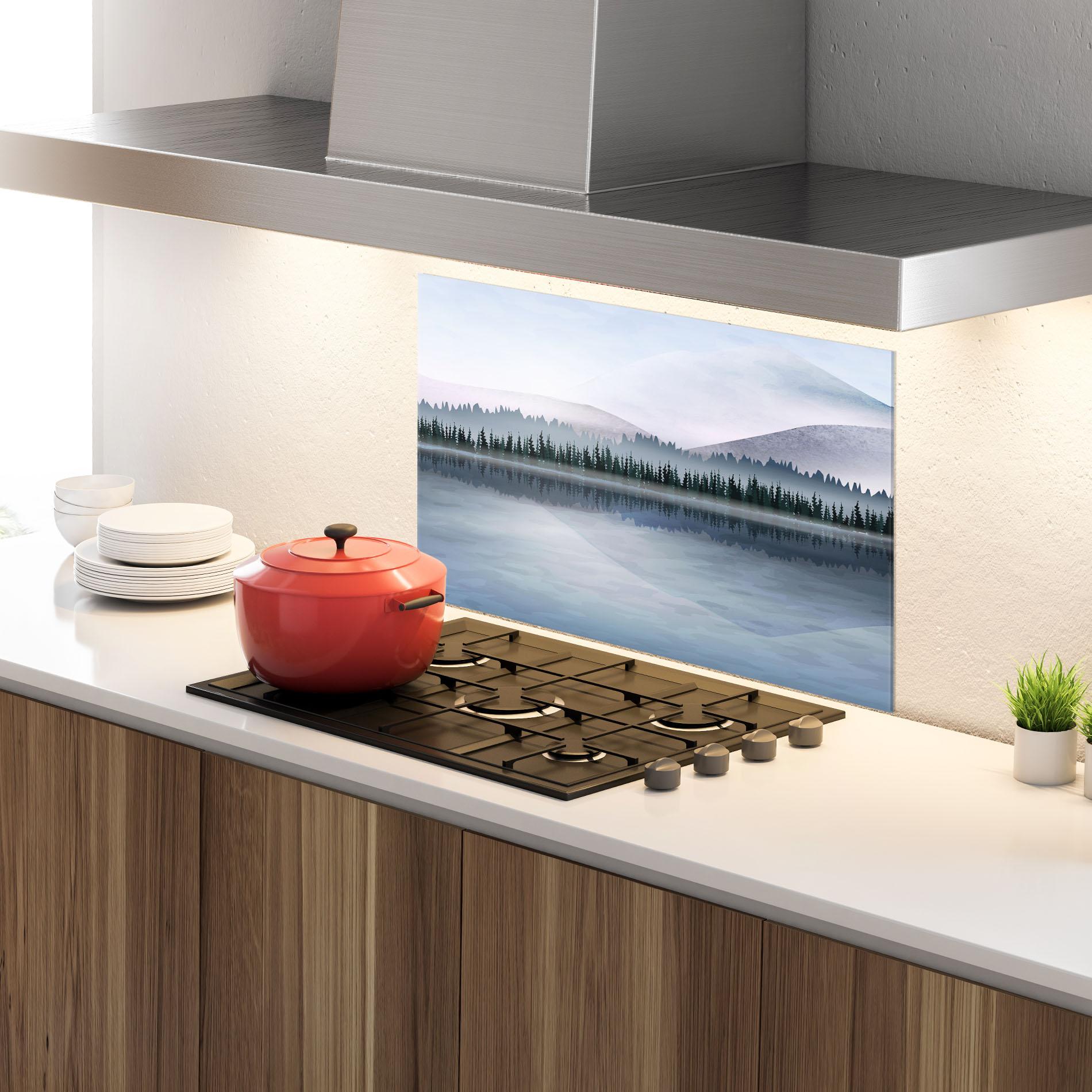Küchenrückwand Glas Grey Lake Trees mockup 4