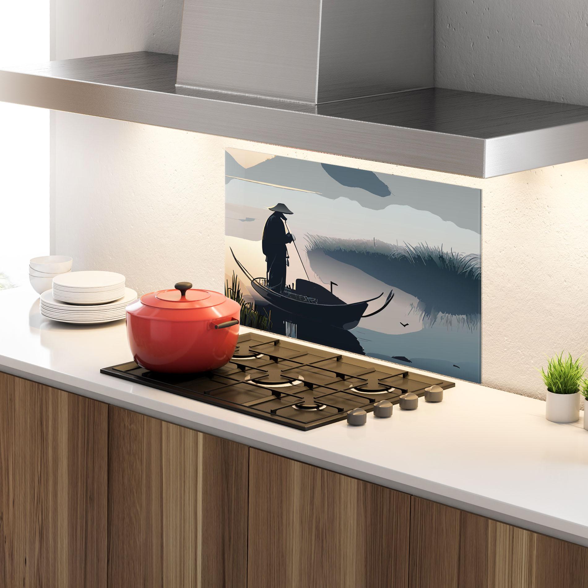 Küchenrückwand Glas Japan Lake Man mockup 4