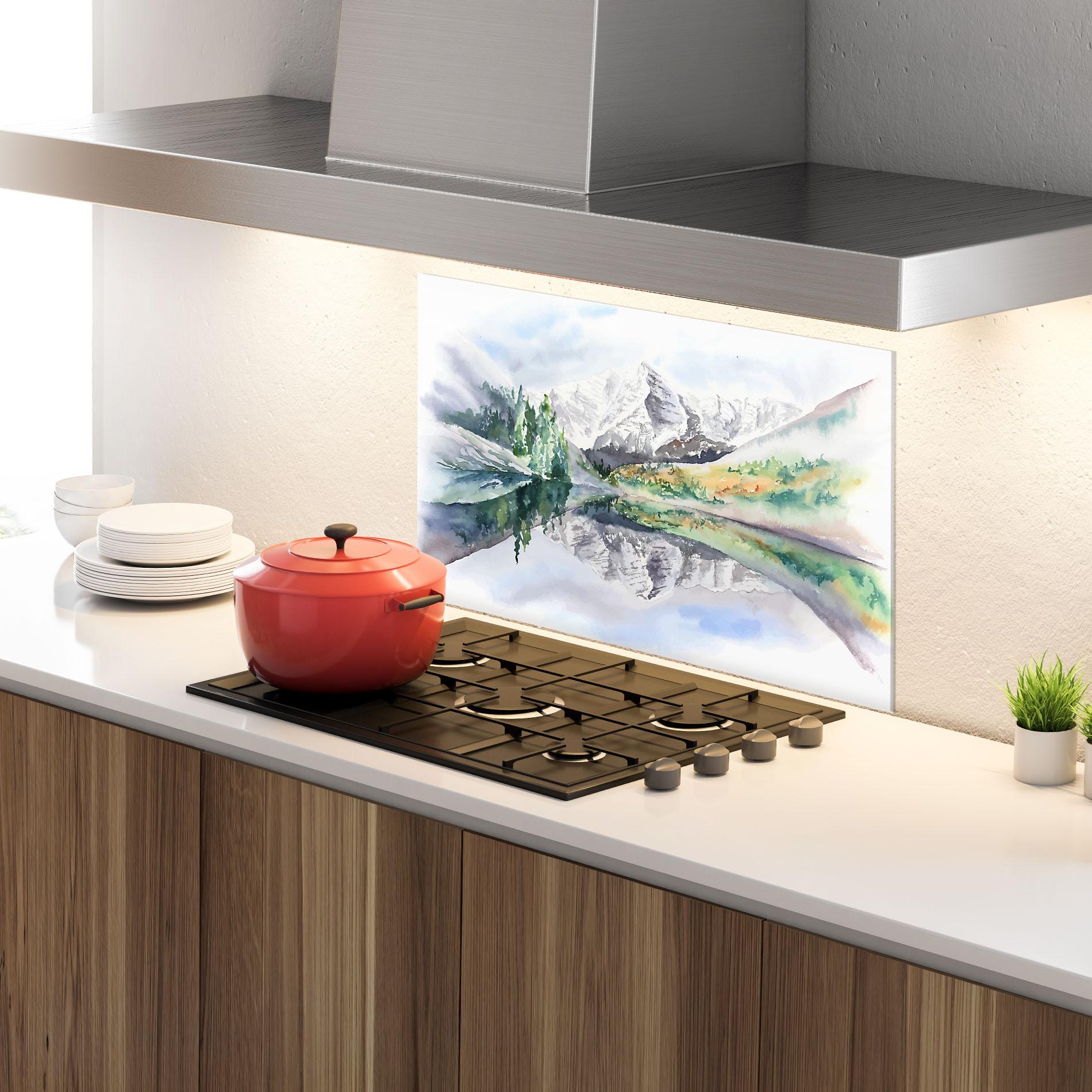 Küchenrückwand Glas Mountain Lake Paint mockup 4