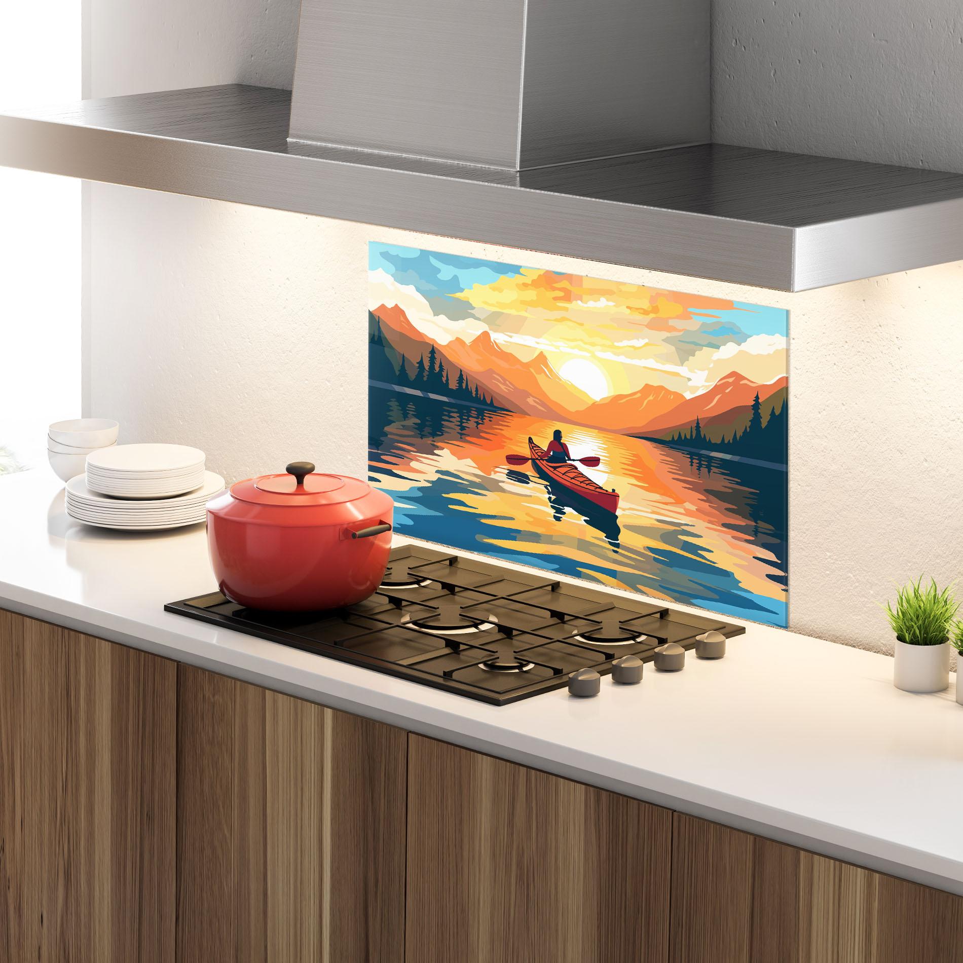 Küchenrückwand Glas Young_woman_kayaking_in_crystal_lake_illustration_6 mockup 4
