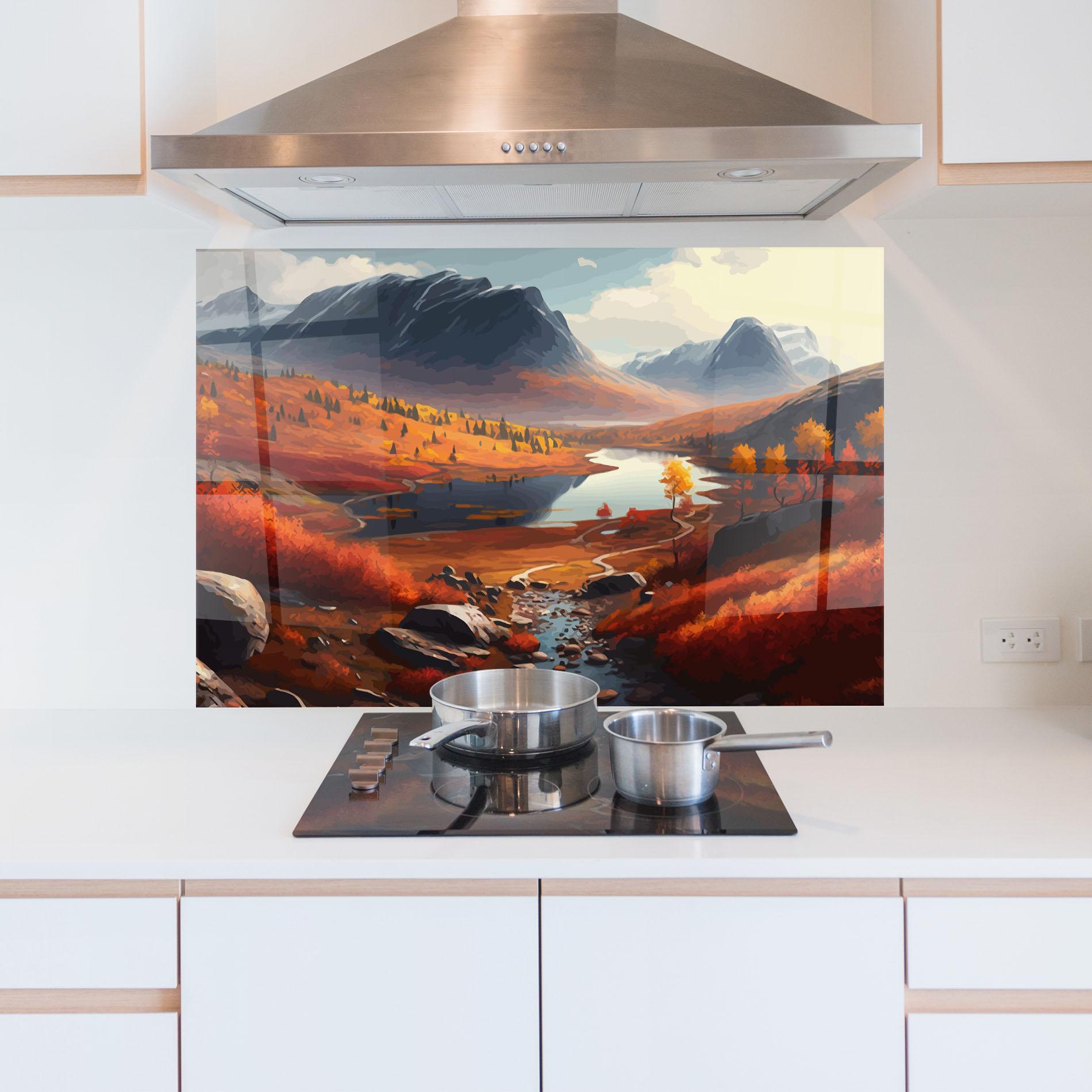Küchenrückwand Glas Autumn Field Lake mockup 5