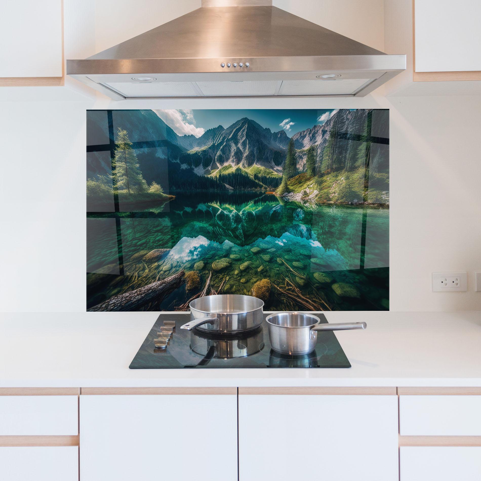 Küchenrückwand Glas Beautiful Lake Mountain mockup 5