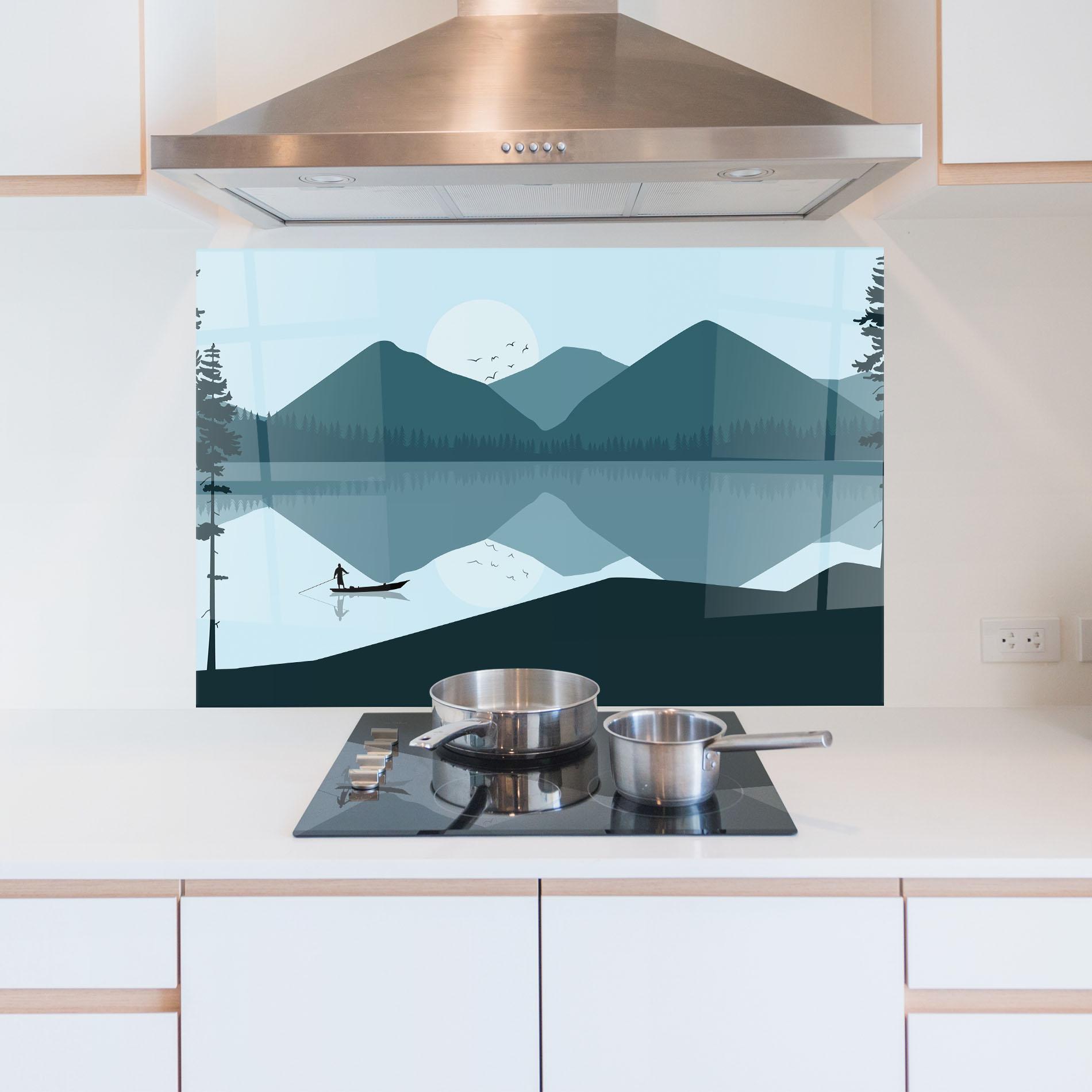 Küchenrückwand Glas Blue Light Lake mockup 5