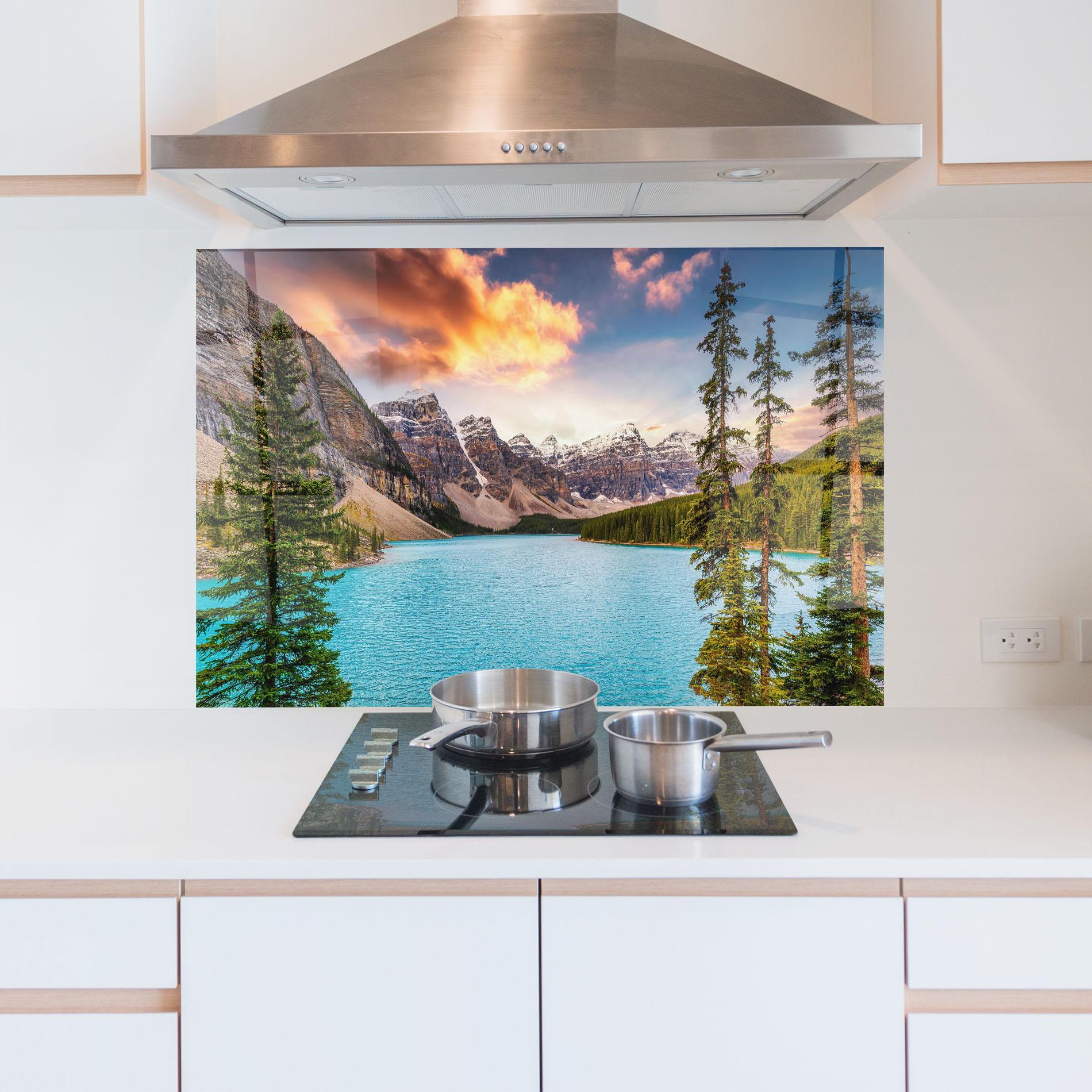 Küchenrückwand Glas Blue Magic Lake mockup 5