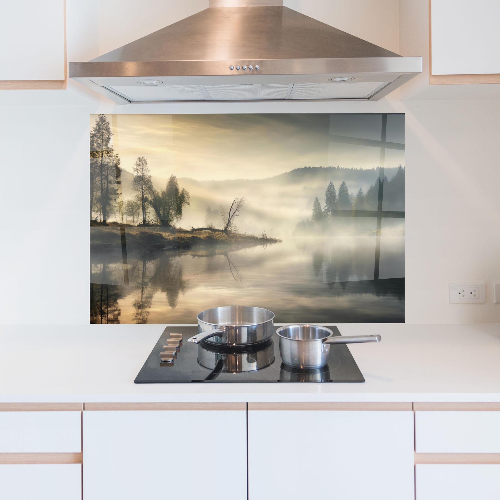 Küchenrückwand Glas Foggy Morning mockup 5