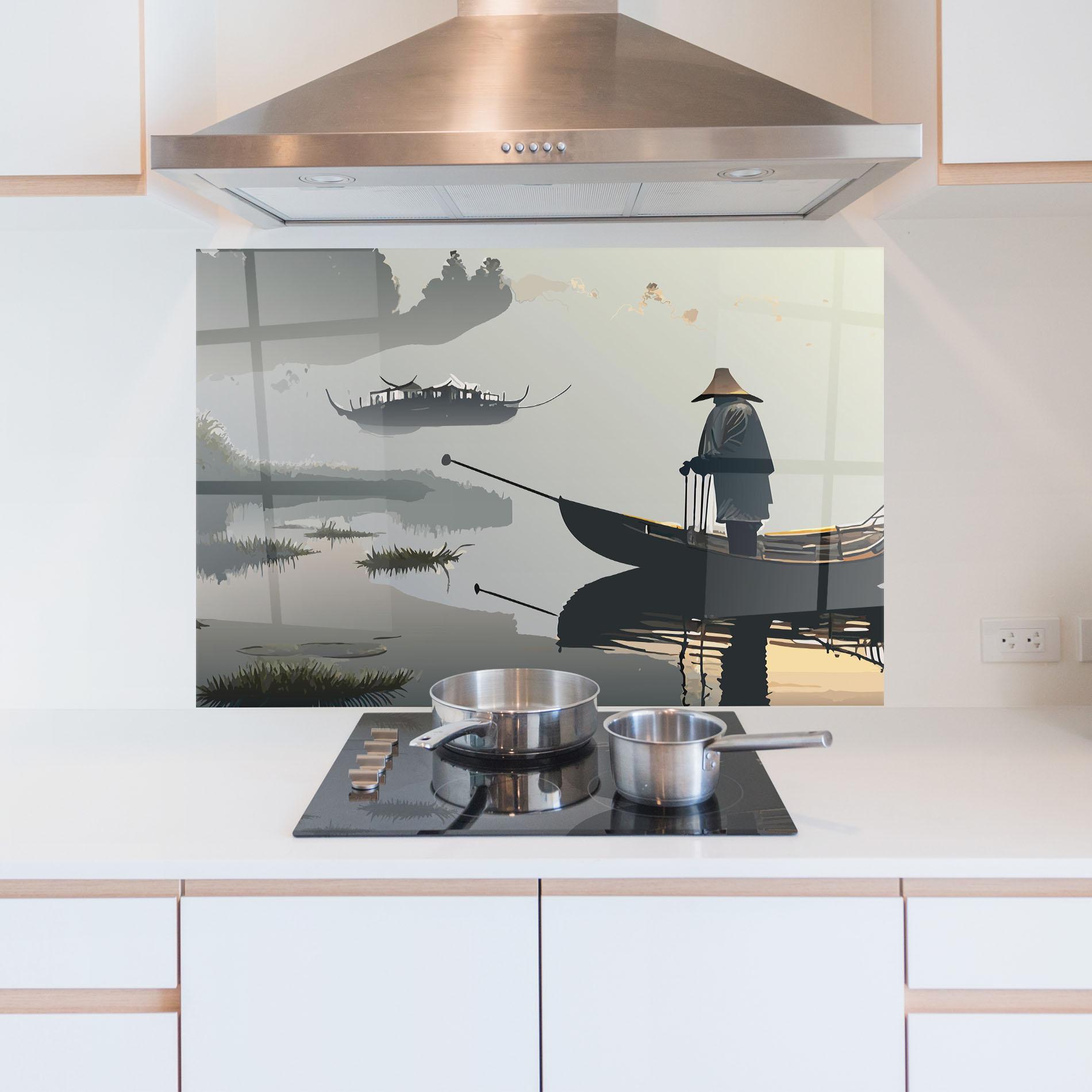 Küchenrückwand Glas Grey Lake Man mockup 5