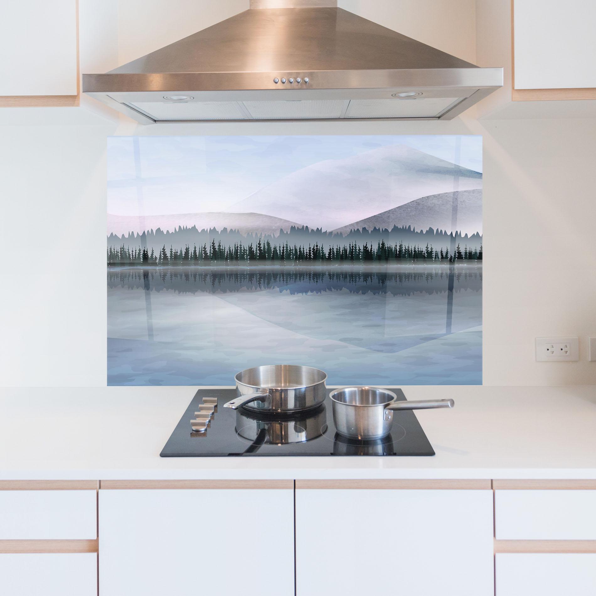 Küchenrückwand Glas Grey Lake Trees mockup 5