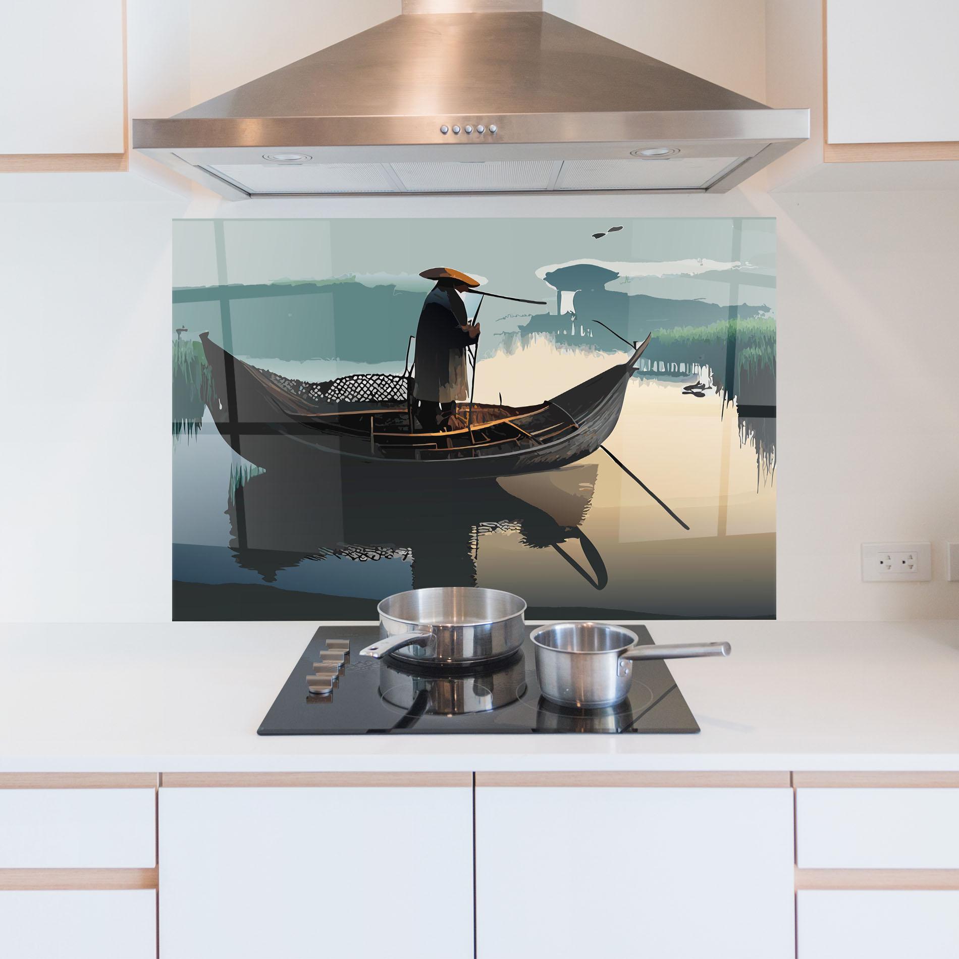 Küchenrückwand Glas Japan Man Lake mockup 5