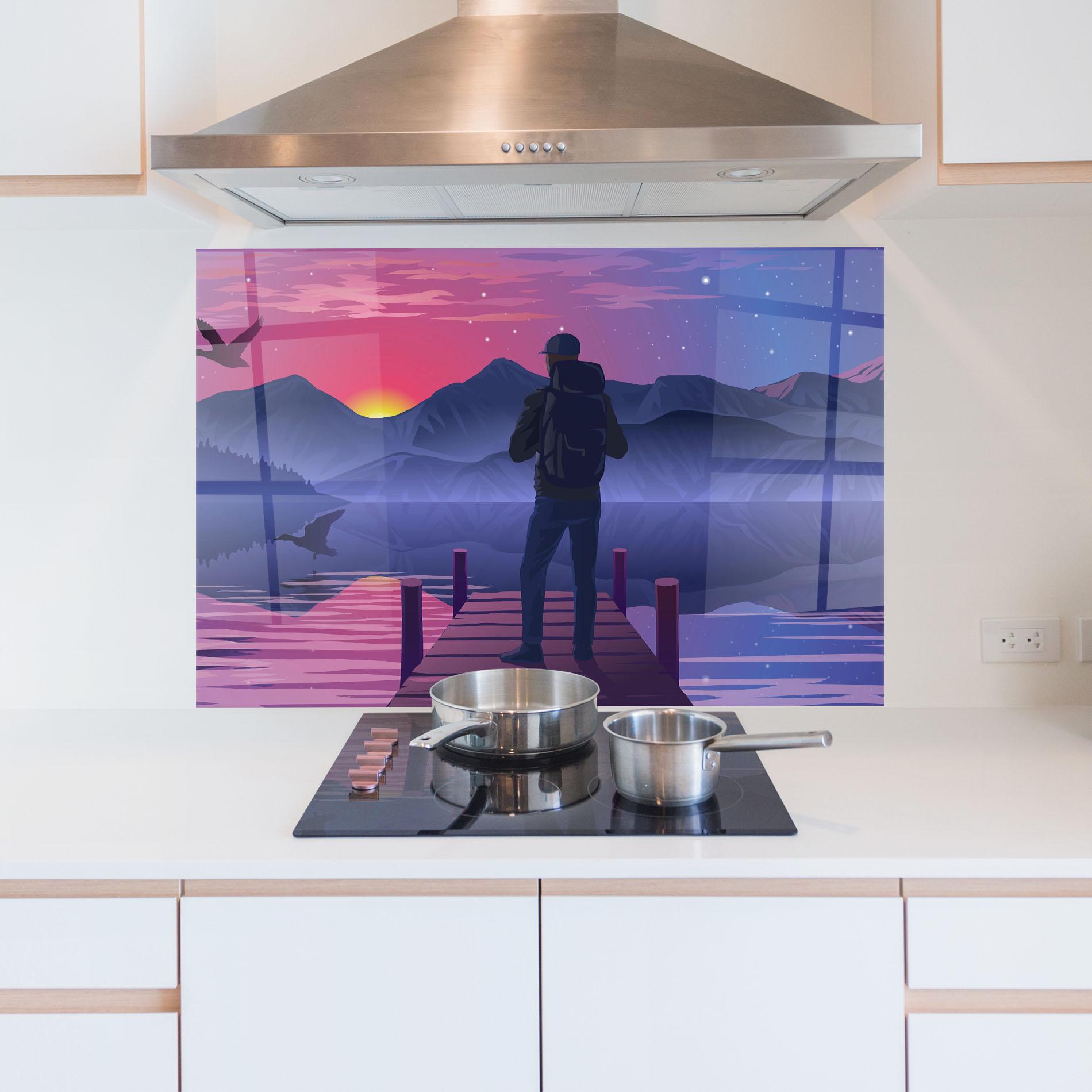 Küchenrückwand Glas Lake Pink Night mockup 5