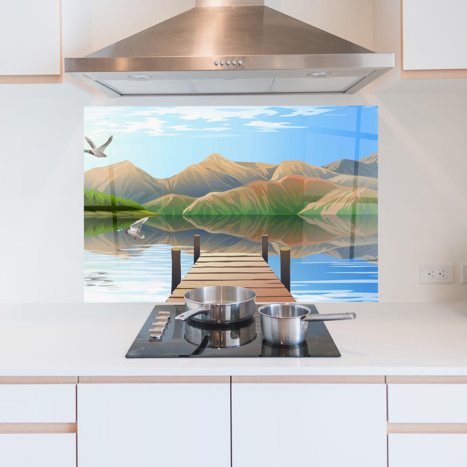 Küchenrückwand Glas Morning Lake mockup 5