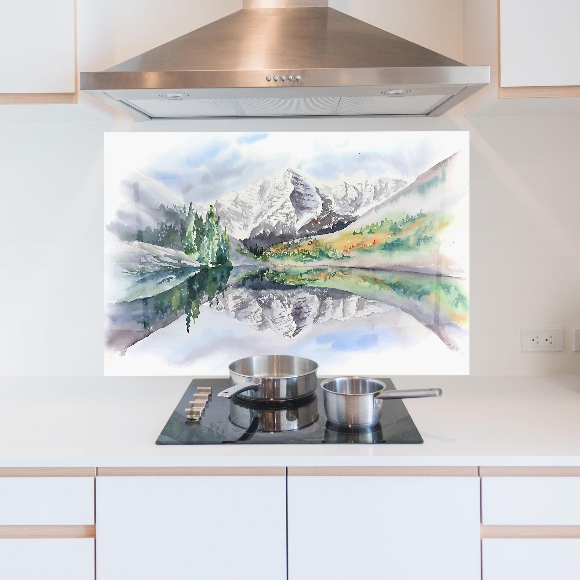 Küchenrückwand Glas Mountain Lake Paint mockup 5