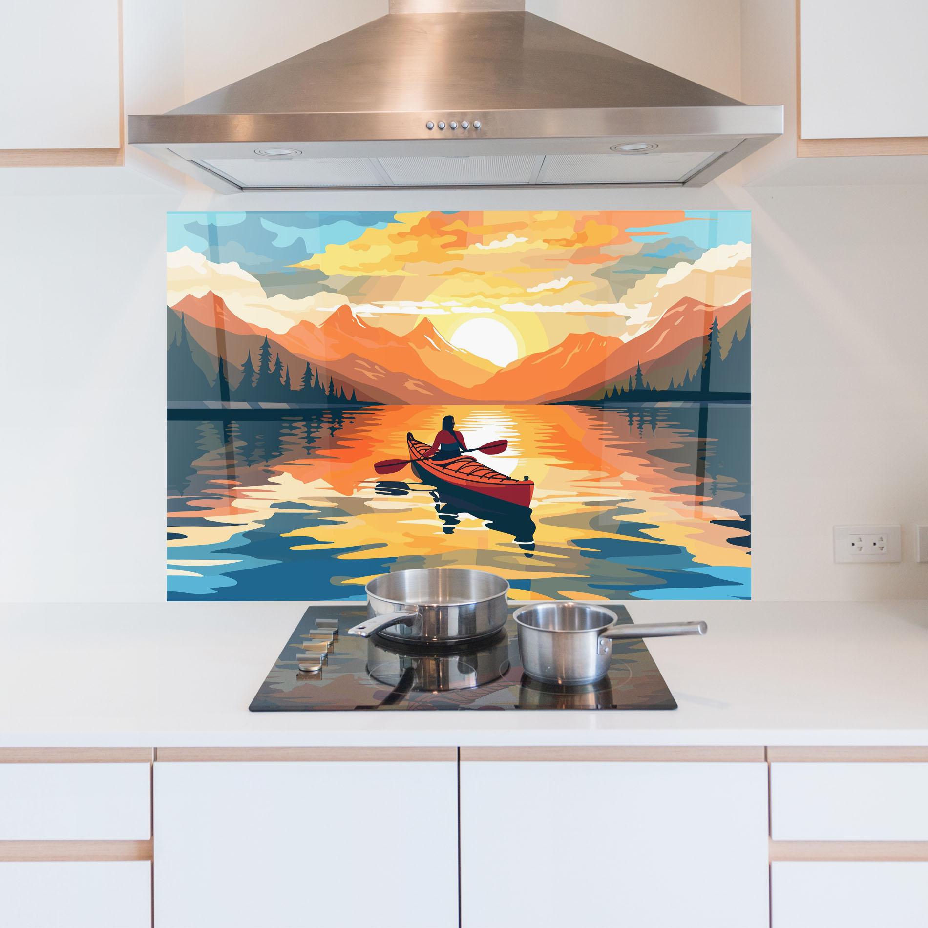 Küchenrückwand Glas Young_woman_kayaking_in_crystal_lake_illustration_6 mockup 5
