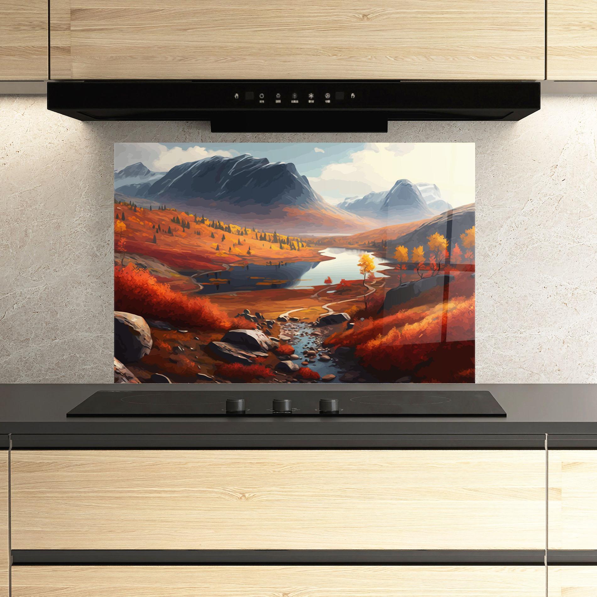 Küchenrückwand Glas Autumn Field Lake mockup 3