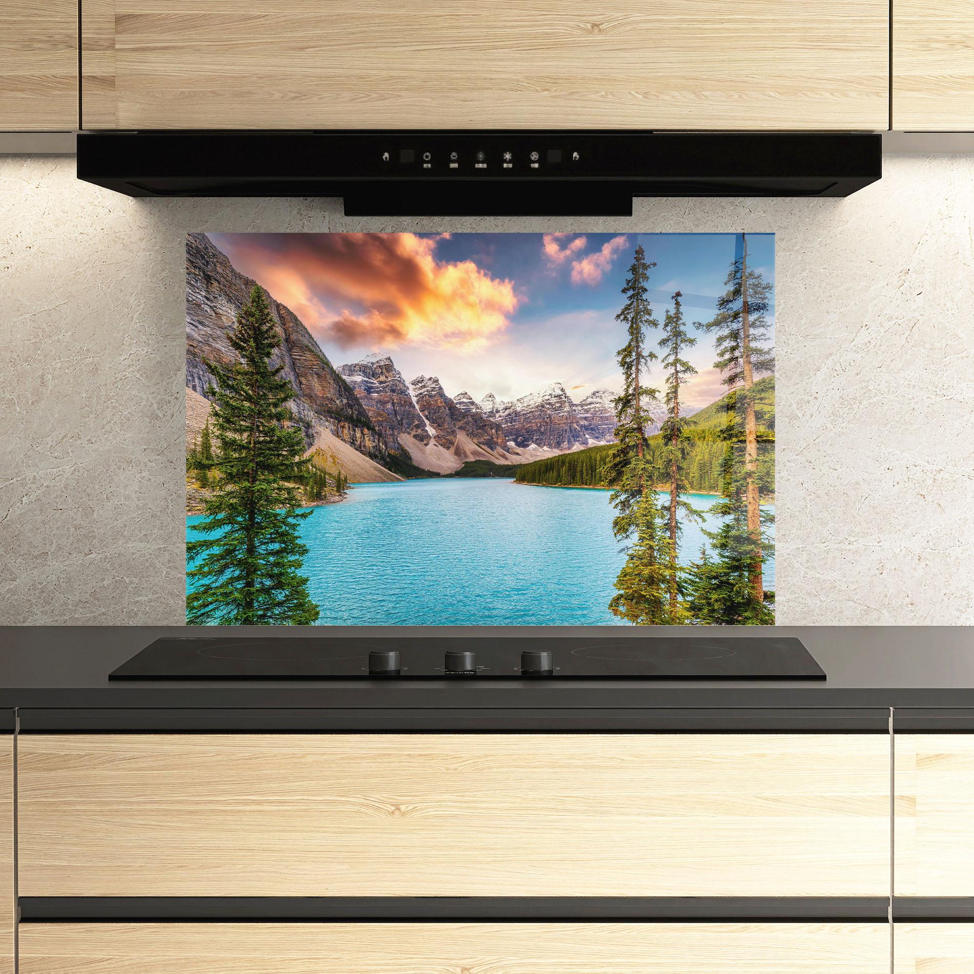 Küchenrückwand Glas Blue Magic Lake mockup 3