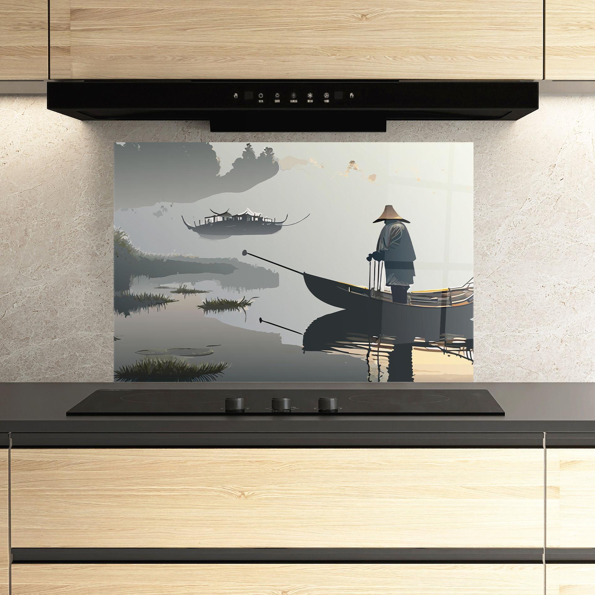 Küchenrückwand Glas Grey Lake Man mockup 3