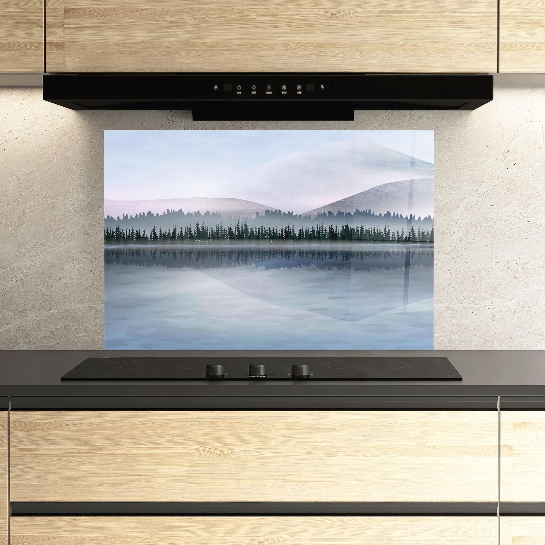 Küchenrückwand Glas Grey Lake Trees mockup 3