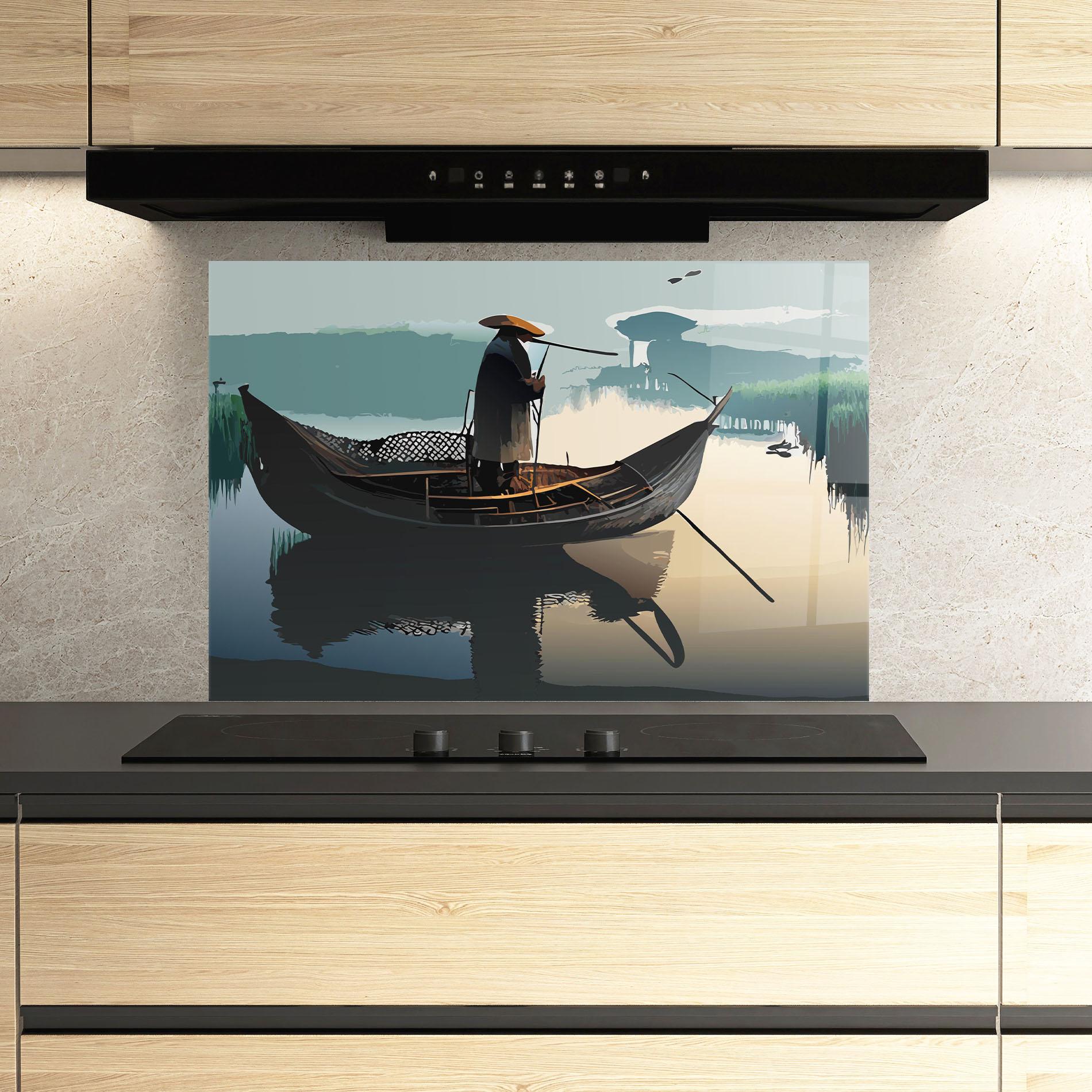 Küchenrückwand Glas Japan Man Lake mockup 3